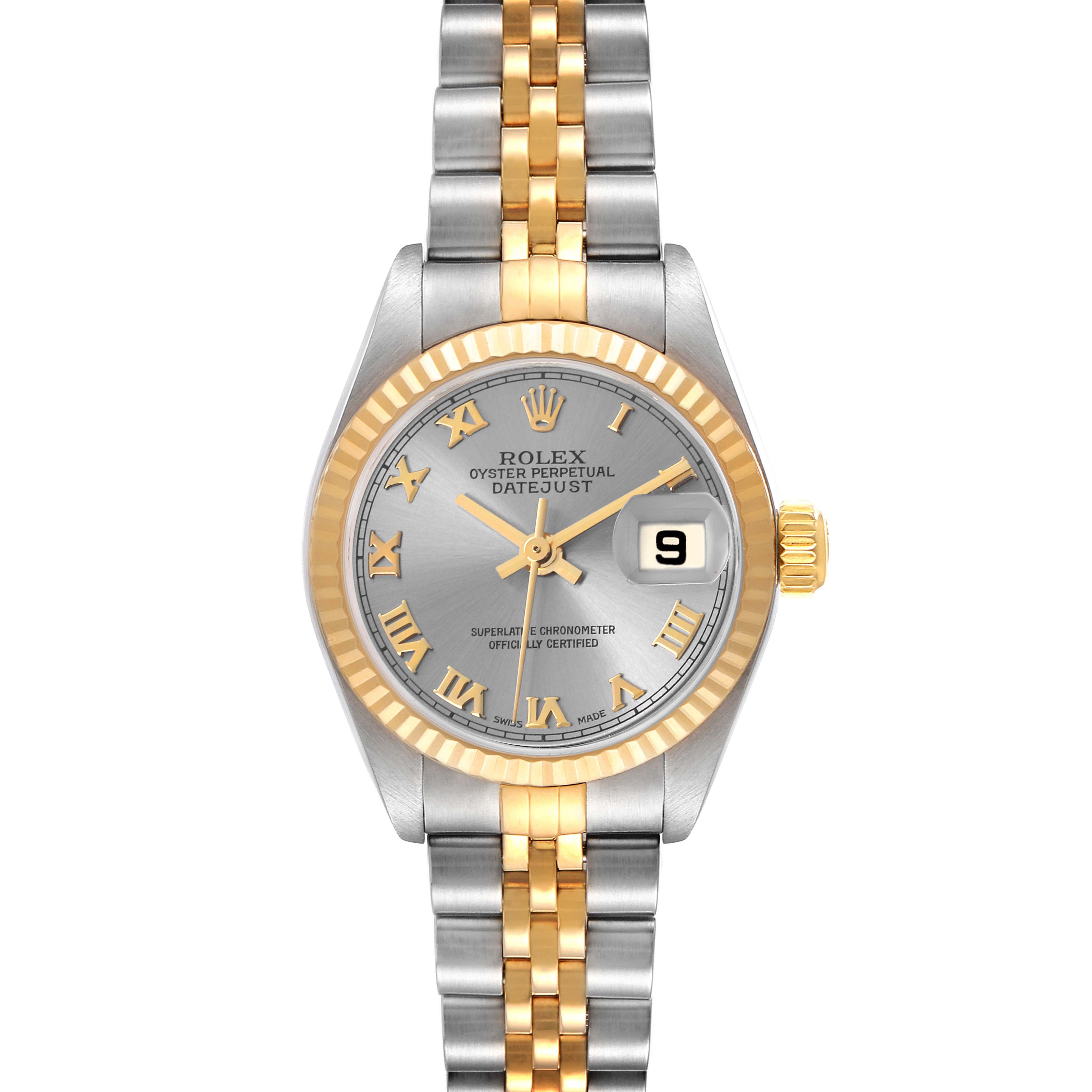 The Rolex Datejust 79173 Women's Steel and Gold (two tone) Grey Dial 79173 Women's Steel and Gold (two tone) Grey Dial watch is shown from the front, highlighting the face, bezel, and part of the bracelet.