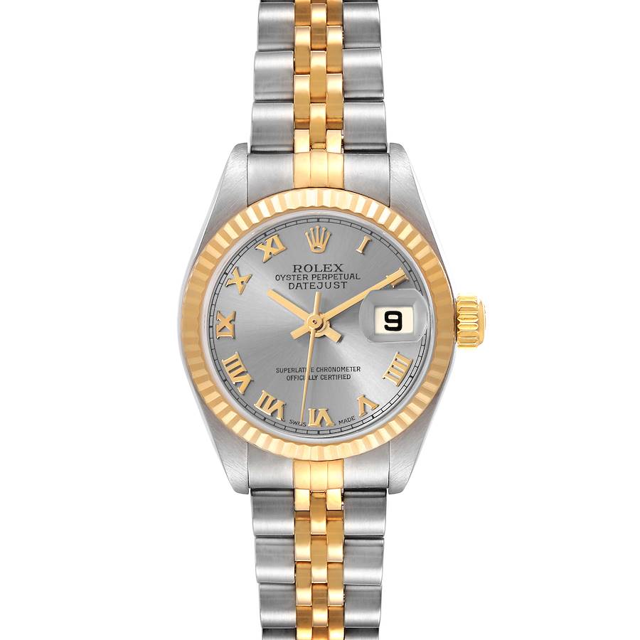 The Rolex Datejust watch is shown from the front, highlighting the face, bezel, and part of the bracelet.