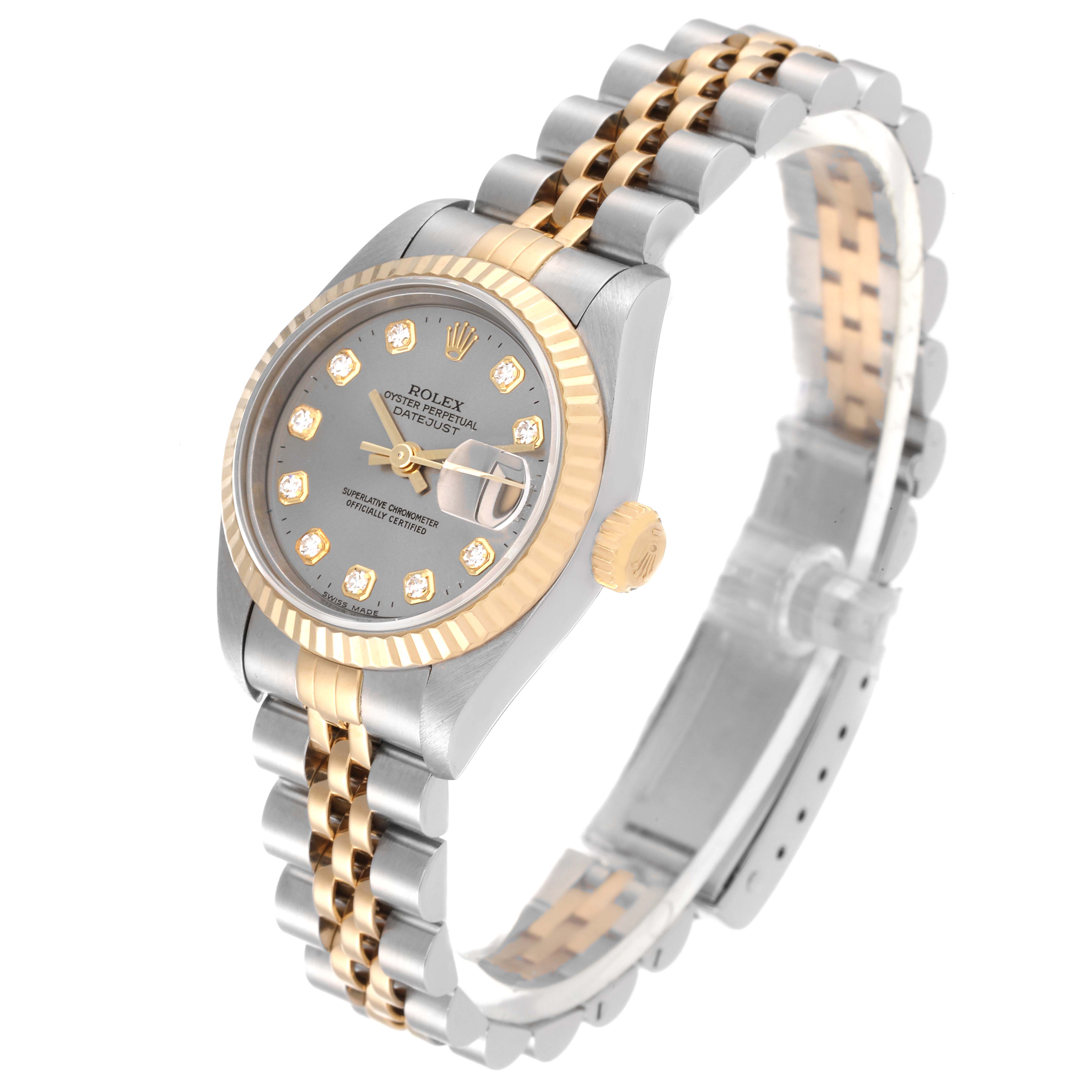 The Rolex Datejust 69173 Women's Steel and Gold (two tone) Grey Dial 69173 Women's Steel and Gold (two tone) Grey Dial watch is shown at an angle displaying its face, bezel, crown, and jubilee bracelet.