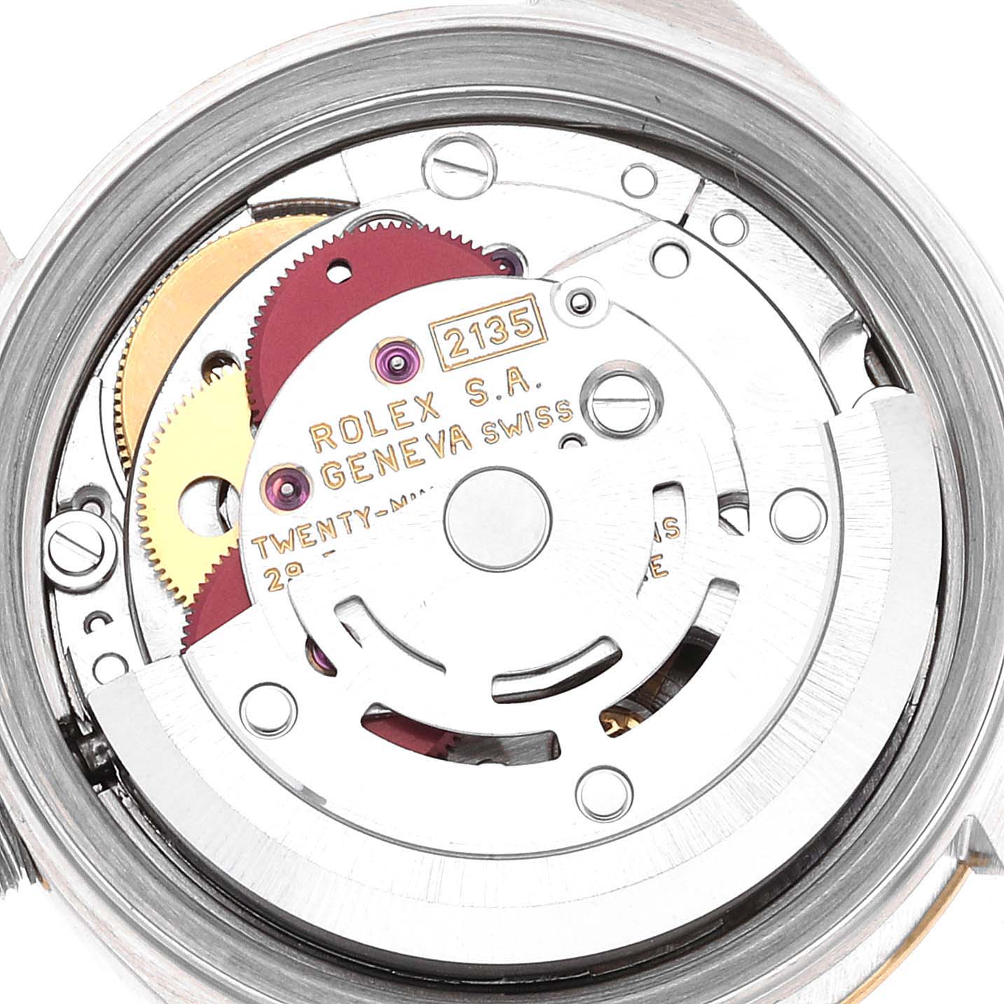 This image shows the internal mechanism and movement of a Rolex Datejust 69173 Women's Steel and Gold (two tone) Grey Dial 69173 Women's Steel and Gold (two tone) Grey Dial watch from a backside angle.