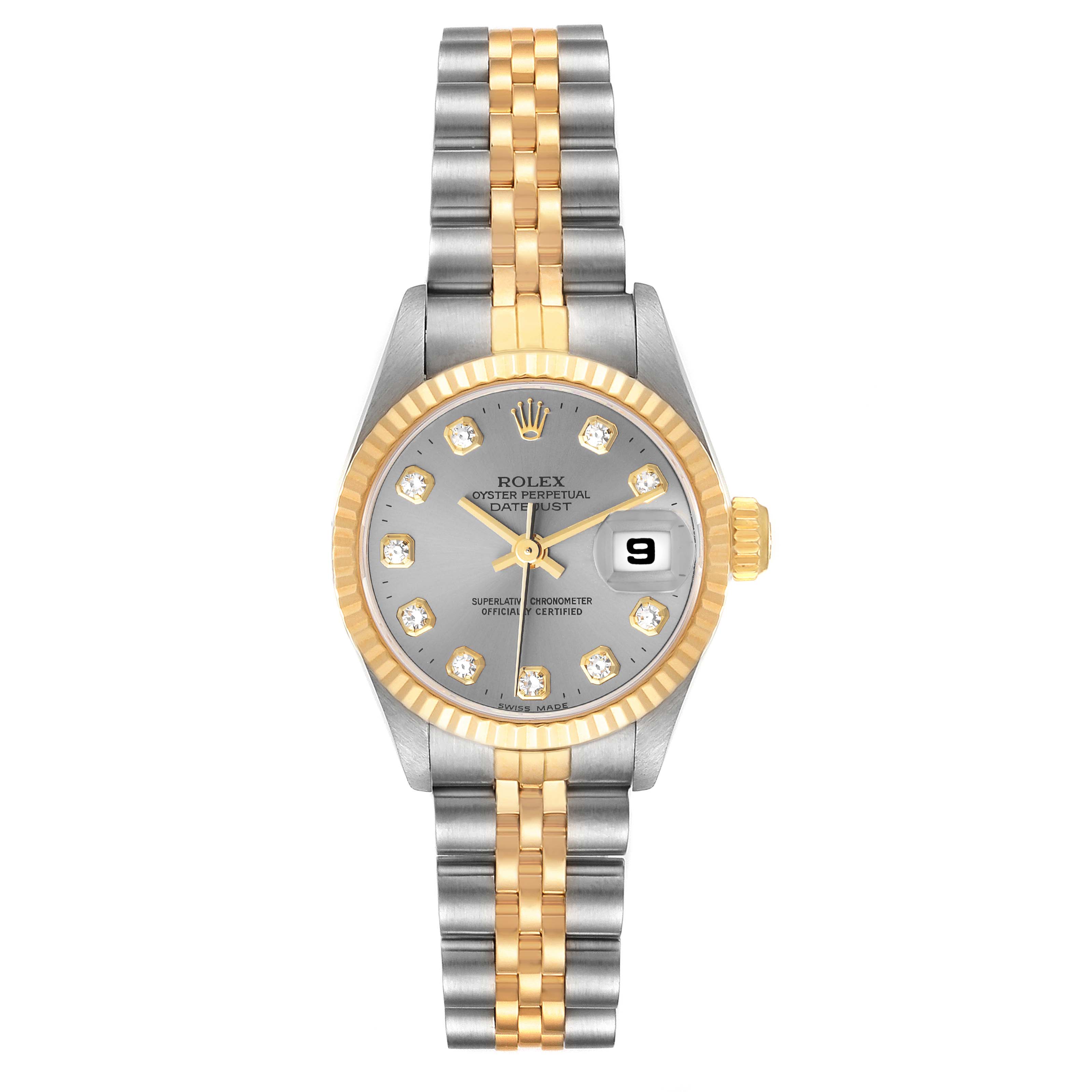 This image shows a front view of a Rolex Datejust 69173 Women's Steel and Gold (two tone) Grey Dial 69173 Women's Steel and Gold (two tone) Grey Dial watch, highlighting its two-tone bracelet, gold bezel, and dial with date display.