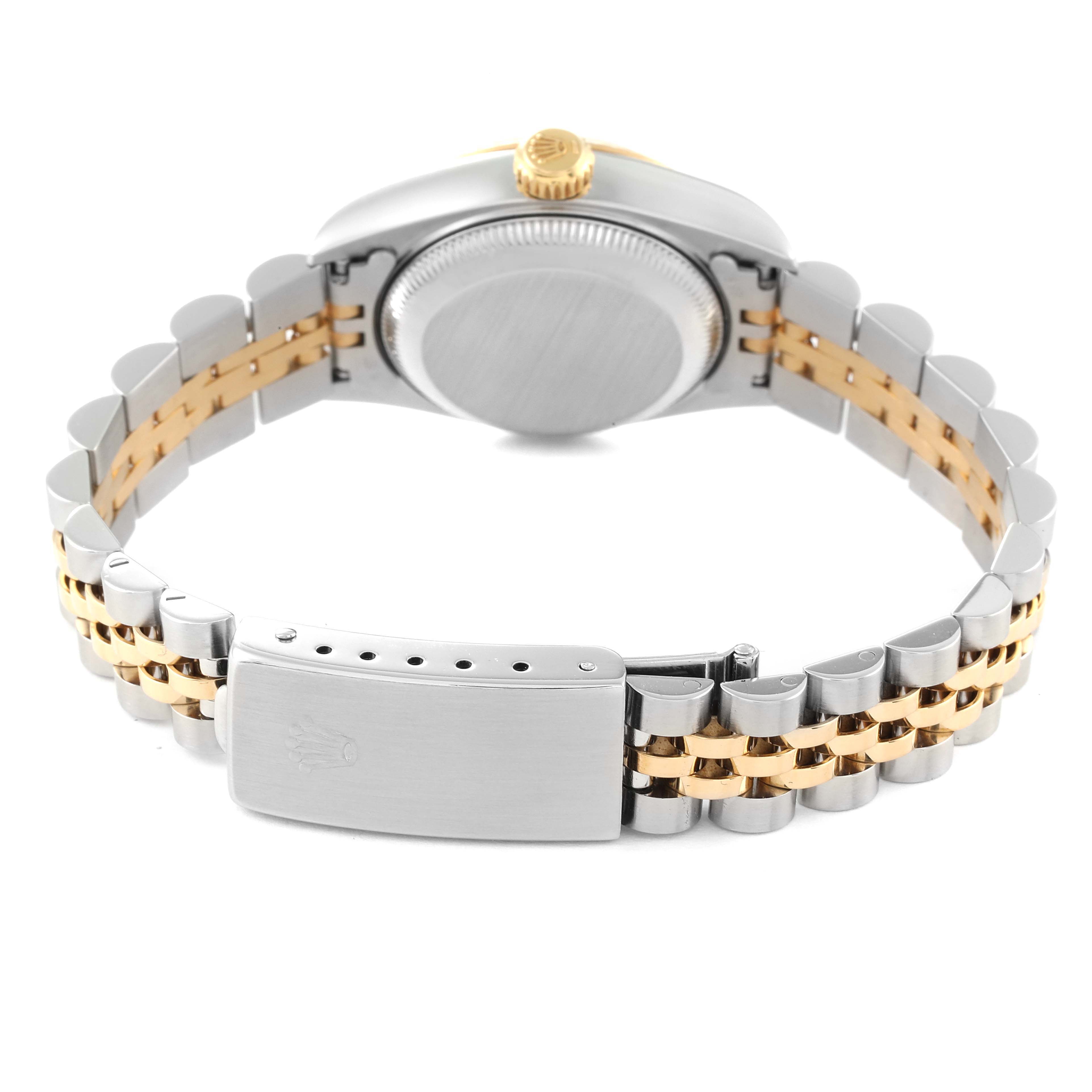 This Rolex Datejust 69173 Women's Steel and Gold (two tone) Grey Dial 69173 Women's Steel and Gold (two tone) Grey Dial watch is shown from the back, displaying the case back, bracelet, and clasp.