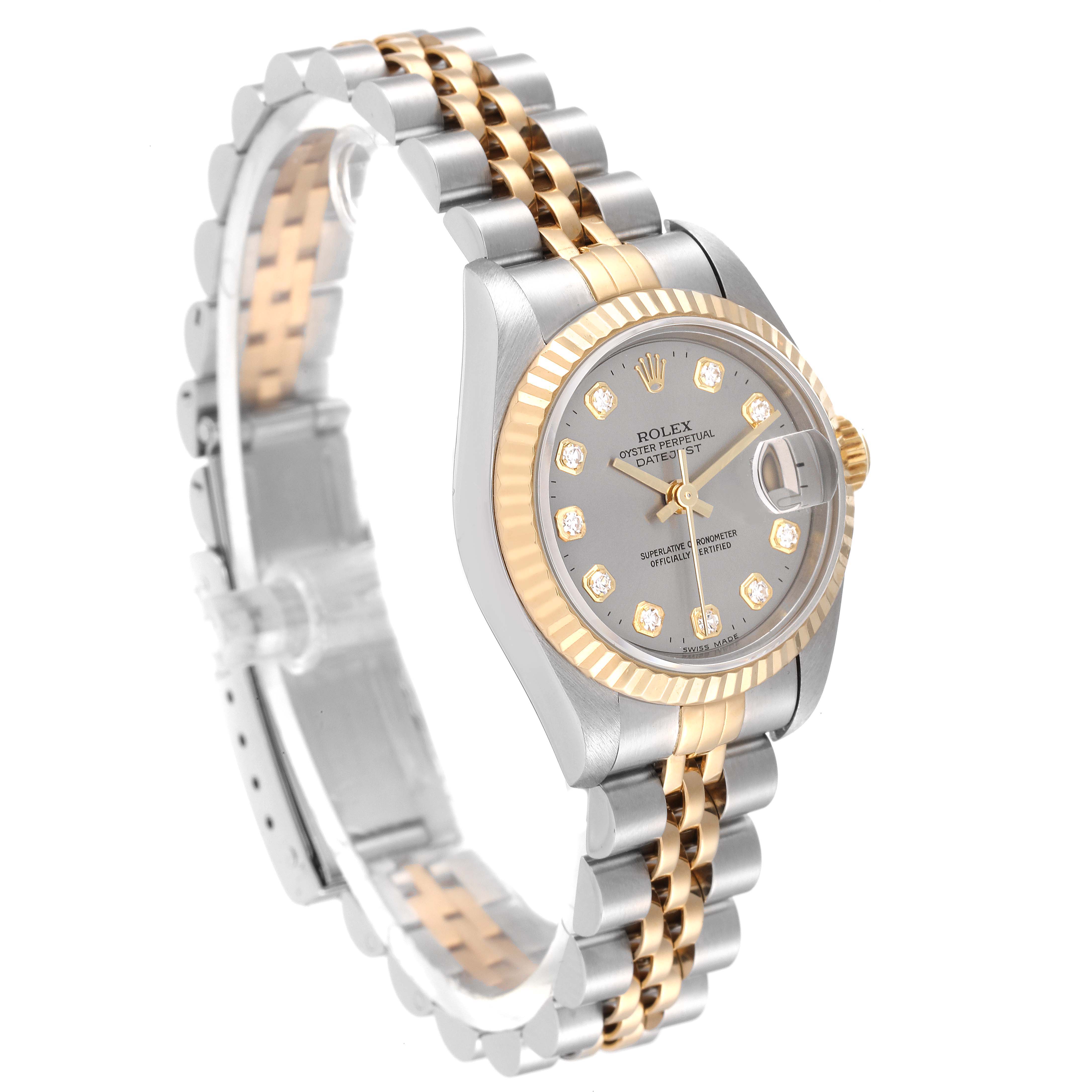 The image shows a Rolex Datejust 69173 Women's Steel and Gold (two tone) Grey Dial 69173 Women's Steel and Gold (two tone) Grey Dial watch from an angled side view, highlighting the face, bezel, and two-tone bracelet.