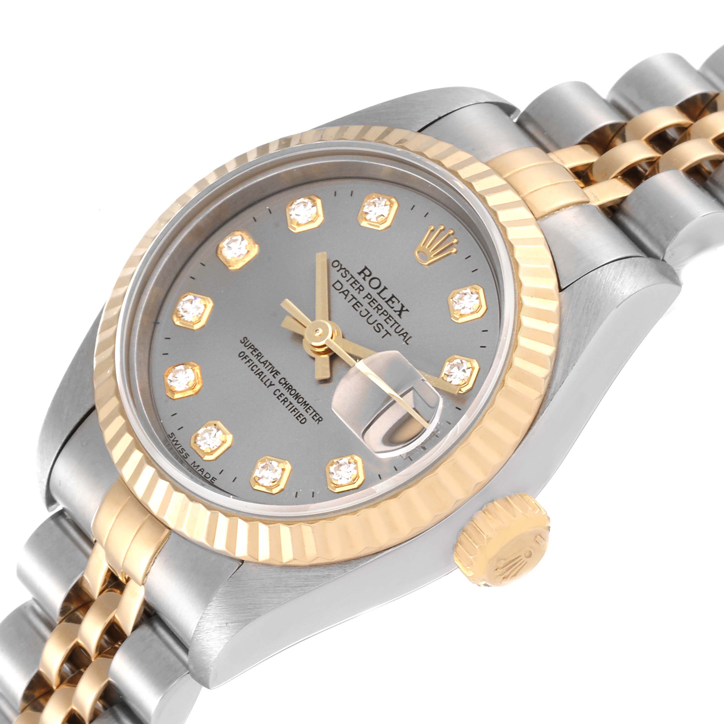The image shows a close-up angle of the Rolex Datejust 69173 Women's Steel and Gold (two tone) Grey Dial 69173 Women's Steel and Gold (two tone) Grey Dial model, highlighting its dial, bezel, crown, and part of the bracelet.