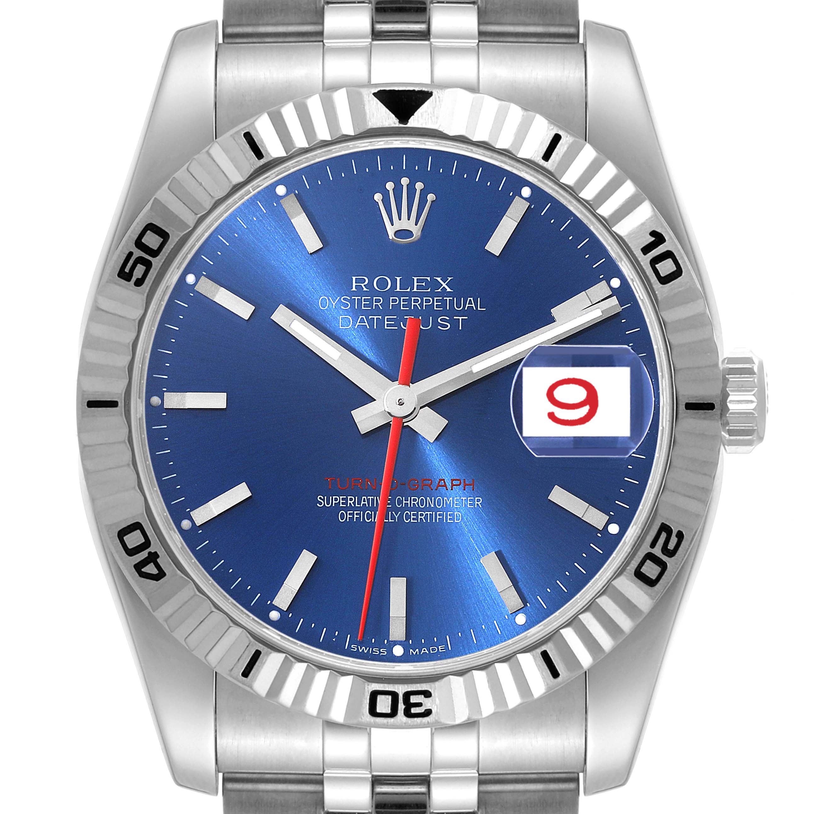 The Turn-o-Graph model by Rolex is shown in a frontal view, displaying the dial, bezel, hands, date window, and partial bracelet.