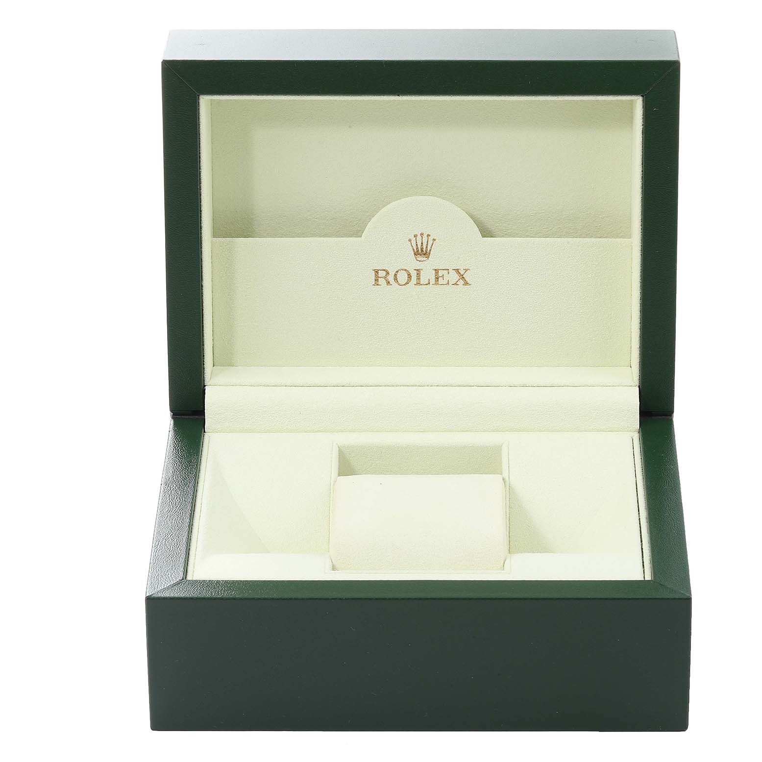 This image shows an open green Rolex watch box for the Turn-o-Graph model, revealing the interior compartments.