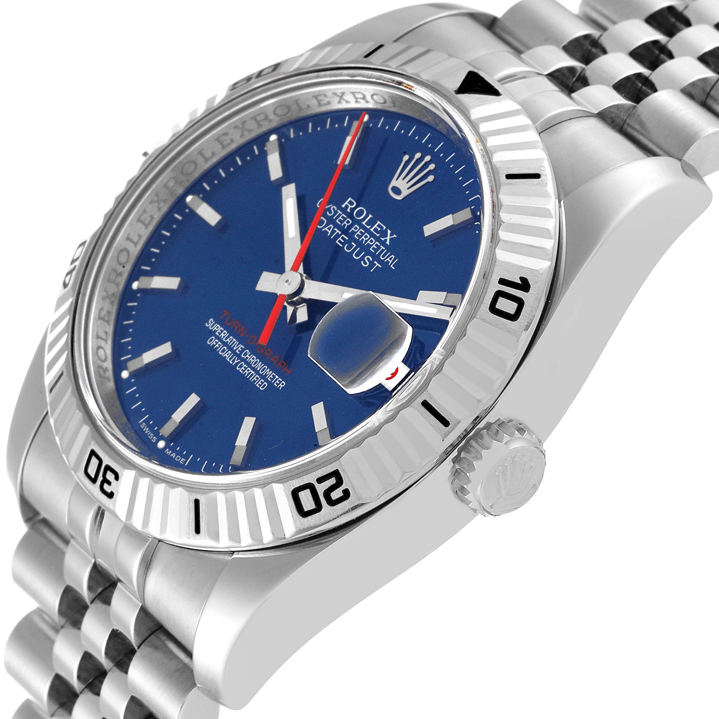 The image shows a Rolex Turn-o-Graph 116264 Men
s Stainless Steel Blue Dial 116264 Men
s Stainless Steel Blue Dial watch angled from the side, highlighting the bezel, dial, crown, and part of the bracelet.