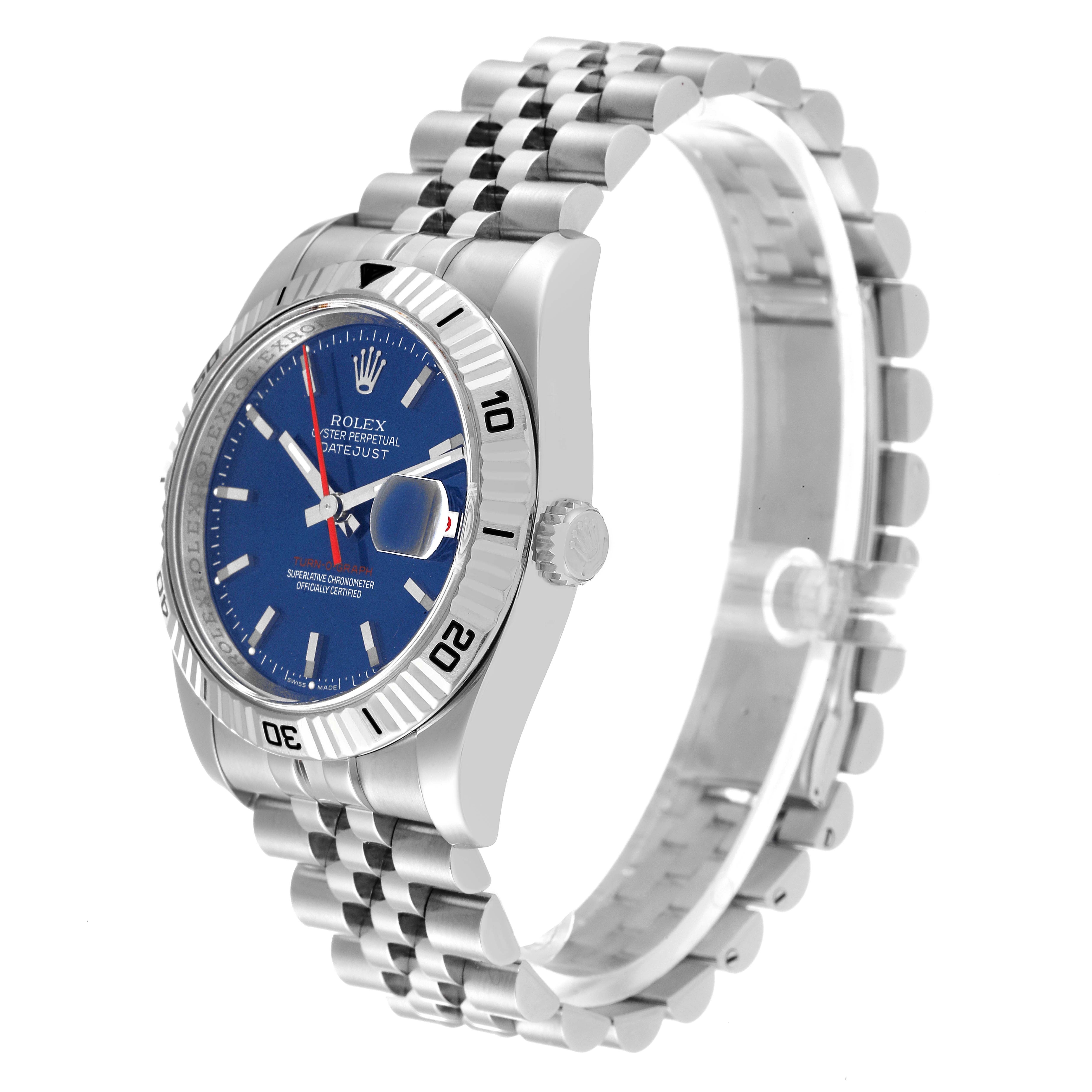 The Rolex Turn-o-Graph 116264 Men
s Stainless Steel Blue Dial 116264 Men
s Stainless Steel Blue Dial watch is shown from a side angle, displaying its bezel, blue dial, crown, and jubilee bracelet.