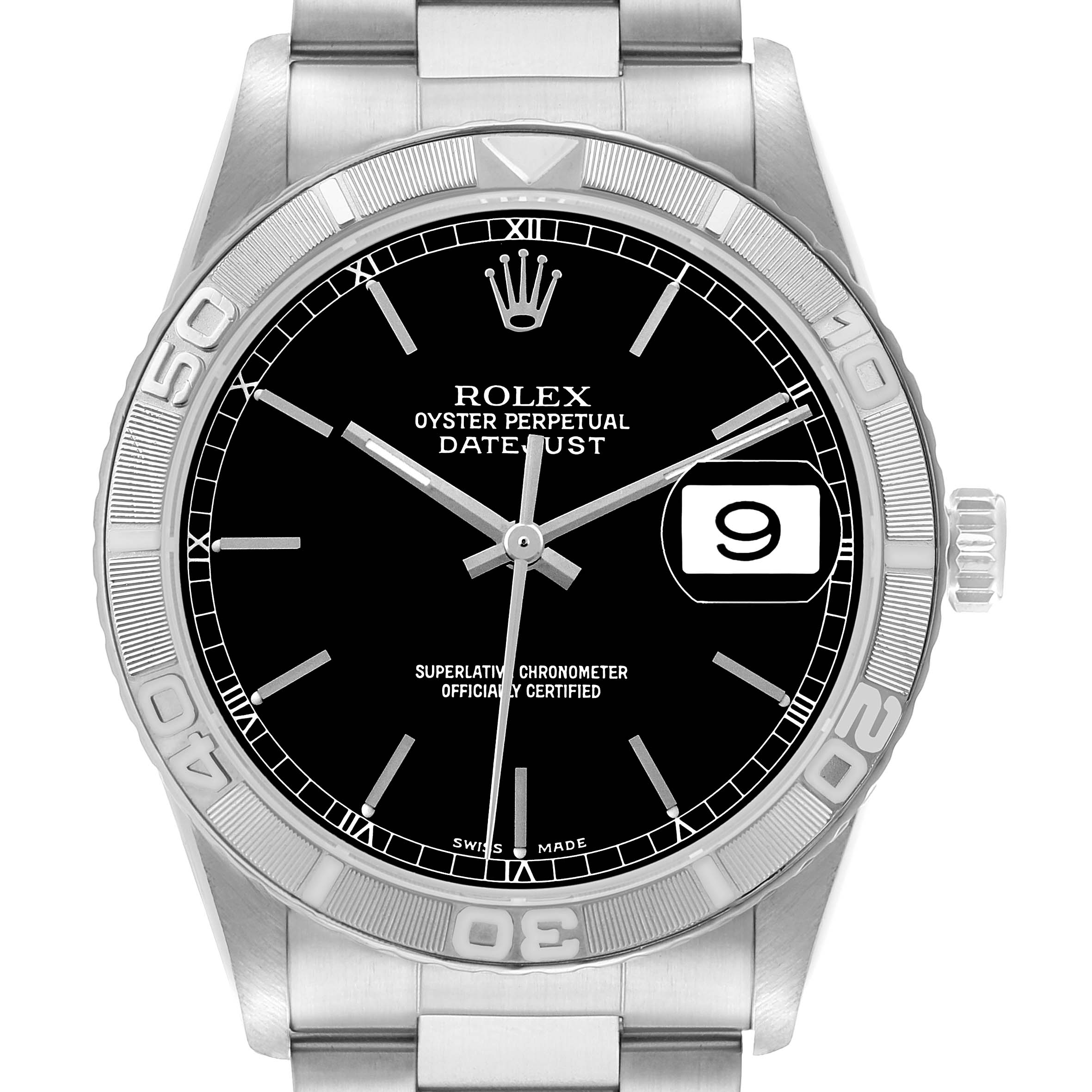 The image shows a head-on view of the Rolex Turn-o-Graph 16264 Men's Stainless Steel Black Dial watch, featuring the black dial, bezel, crown, and stainless steel bracelet.