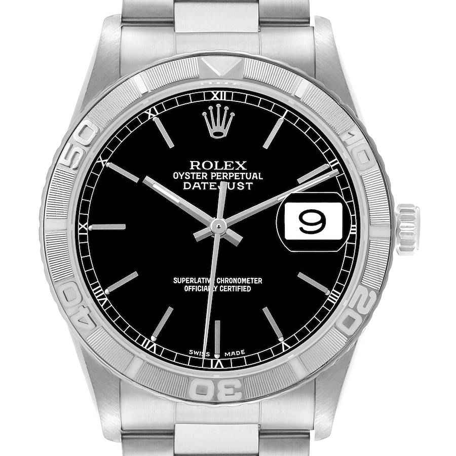 The image shows a head-on view of the Rolex Turn-o-Graph 16264 Men's Stainless Steel Black Dial watch, featuring the black dial, bezel, crown, and stainless steel bracelet.