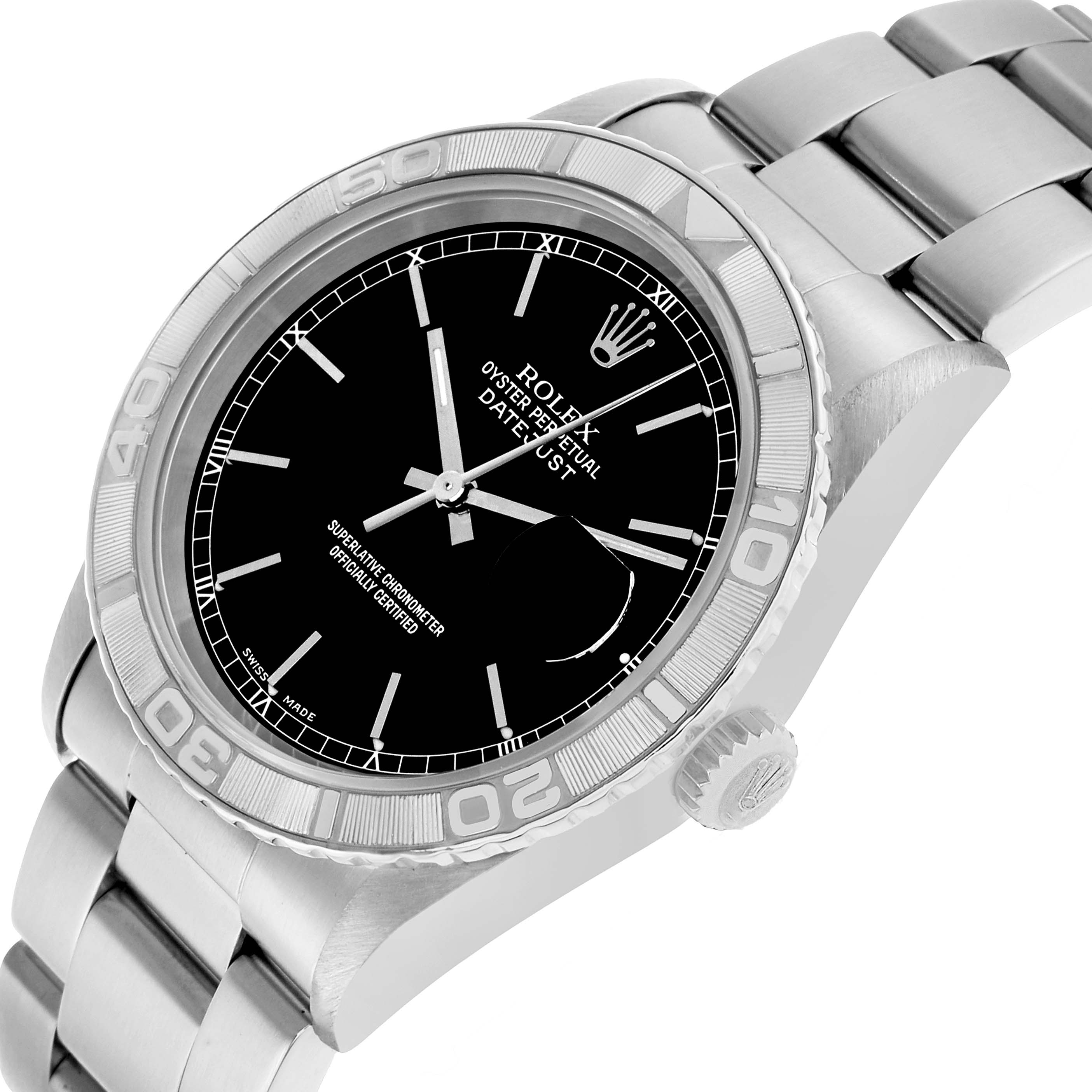 The Rolex Turn-o-Graph 16264 Men's Stainless Steel Black Dial watch is shown at an angled top view, highlighting the dial, bezel, crown, and part of the bracelet.
