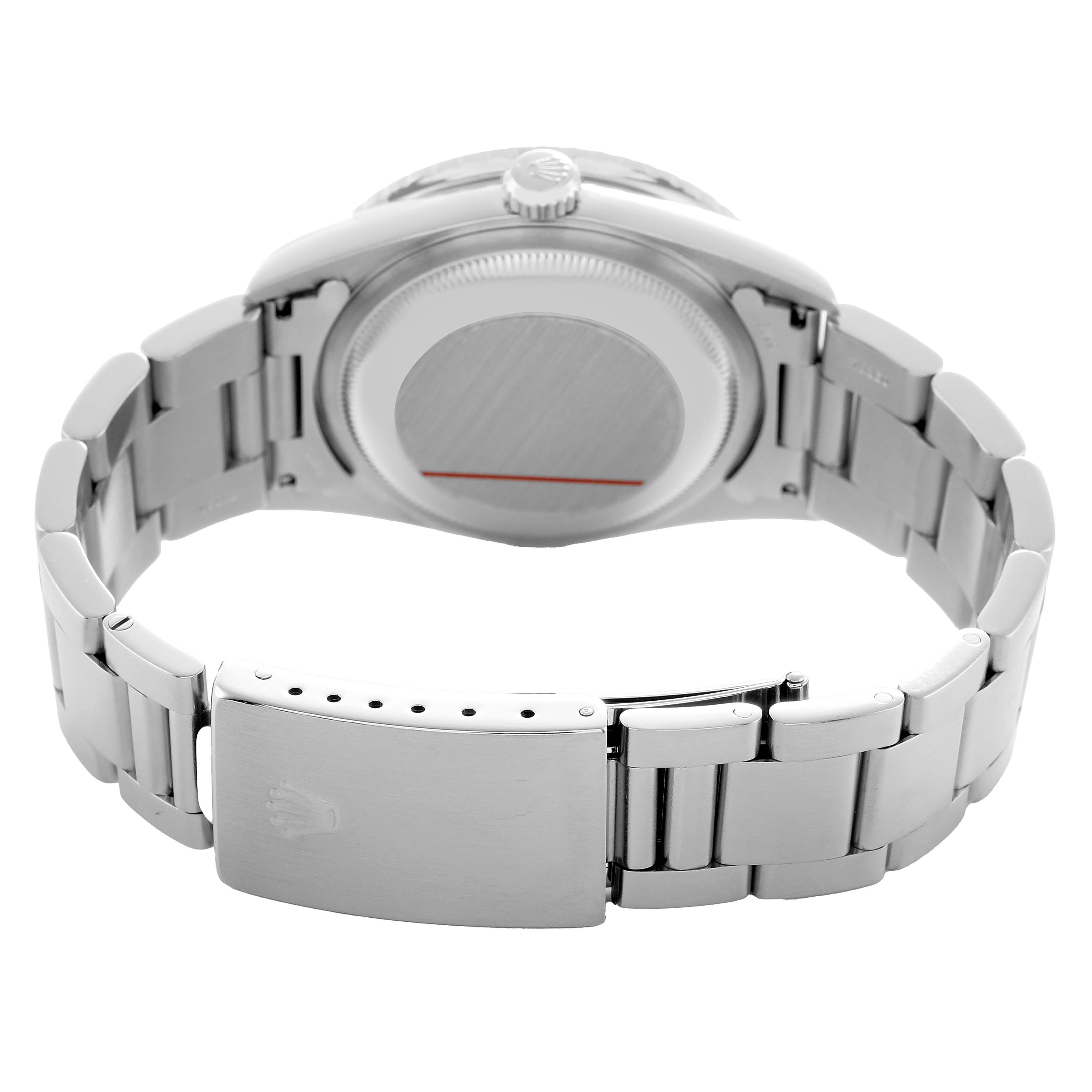 The Rolex Turn-o-Graph 16264 Men's Stainless Steel Black Dial watch is shown from the back, displaying the case back, bracelet, crown, and clasp.