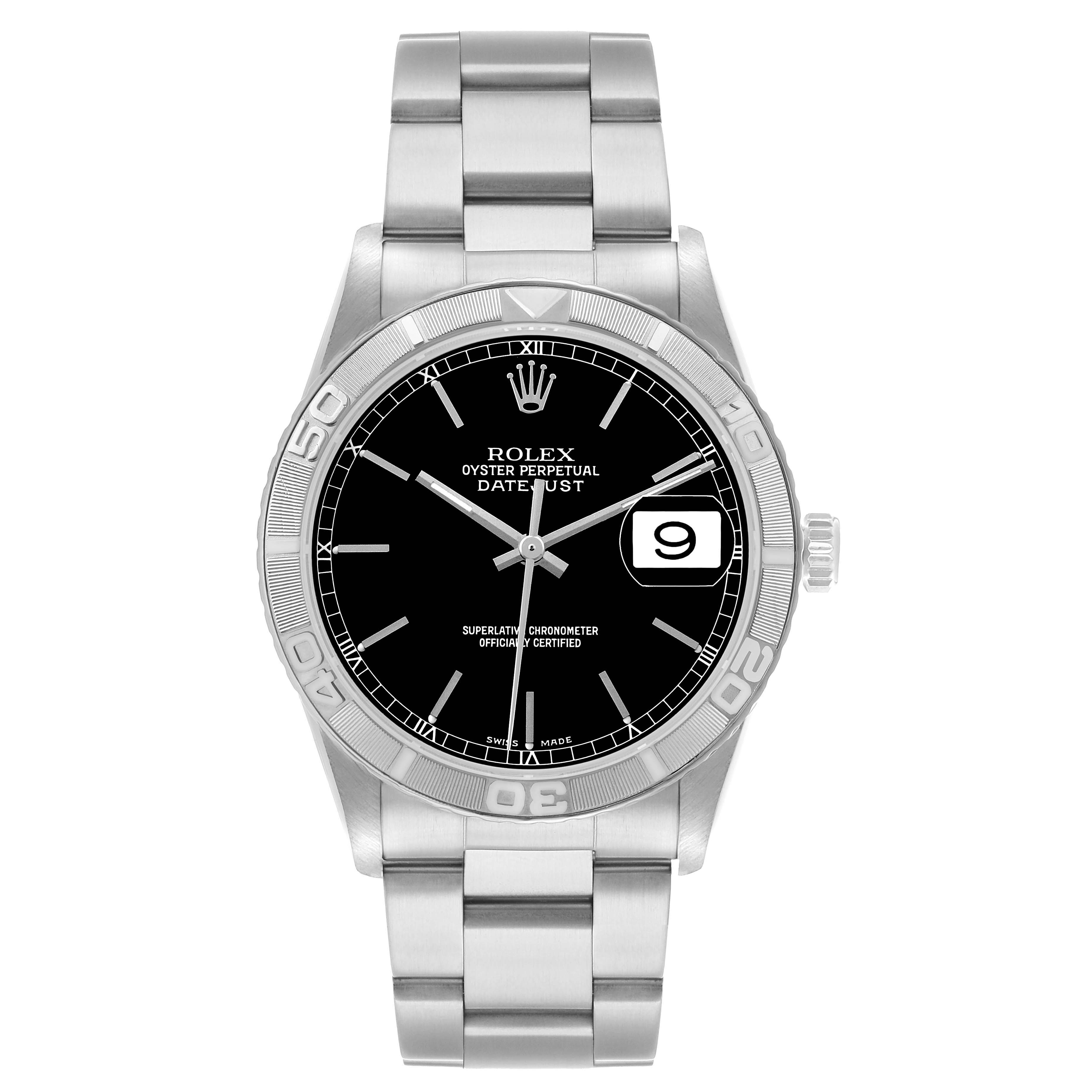 The Rolex Turn-o-Graph 16264 Men's Stainless Steel Black Dial watch is shown from the front, highlighting the face, bezel, and bracelet.