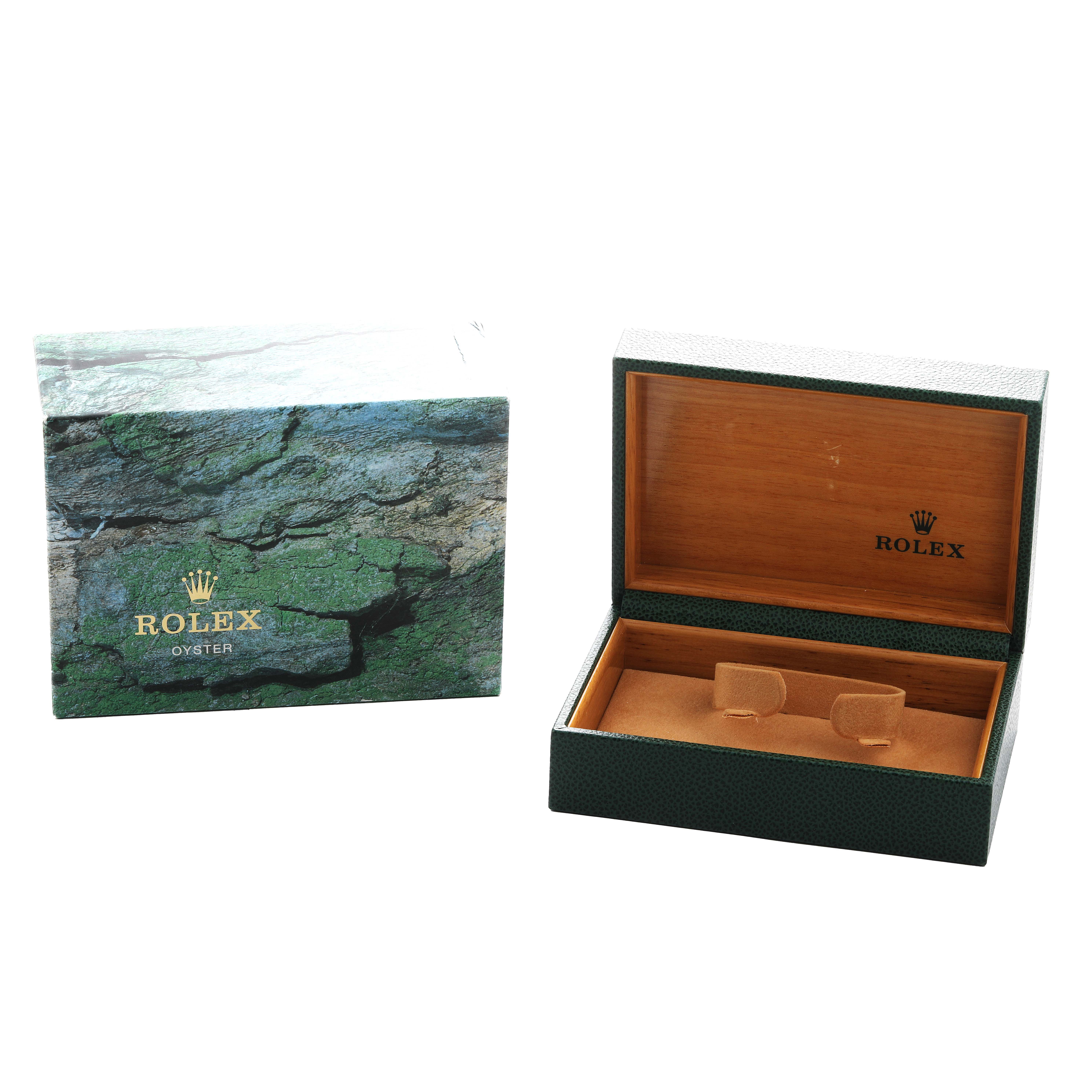 The image shows the packaging for a Rolex Turn-o-Graph 16264 Men's Stainless Steel Black Dial, featuring the outer box and an open watch box with brown interior.