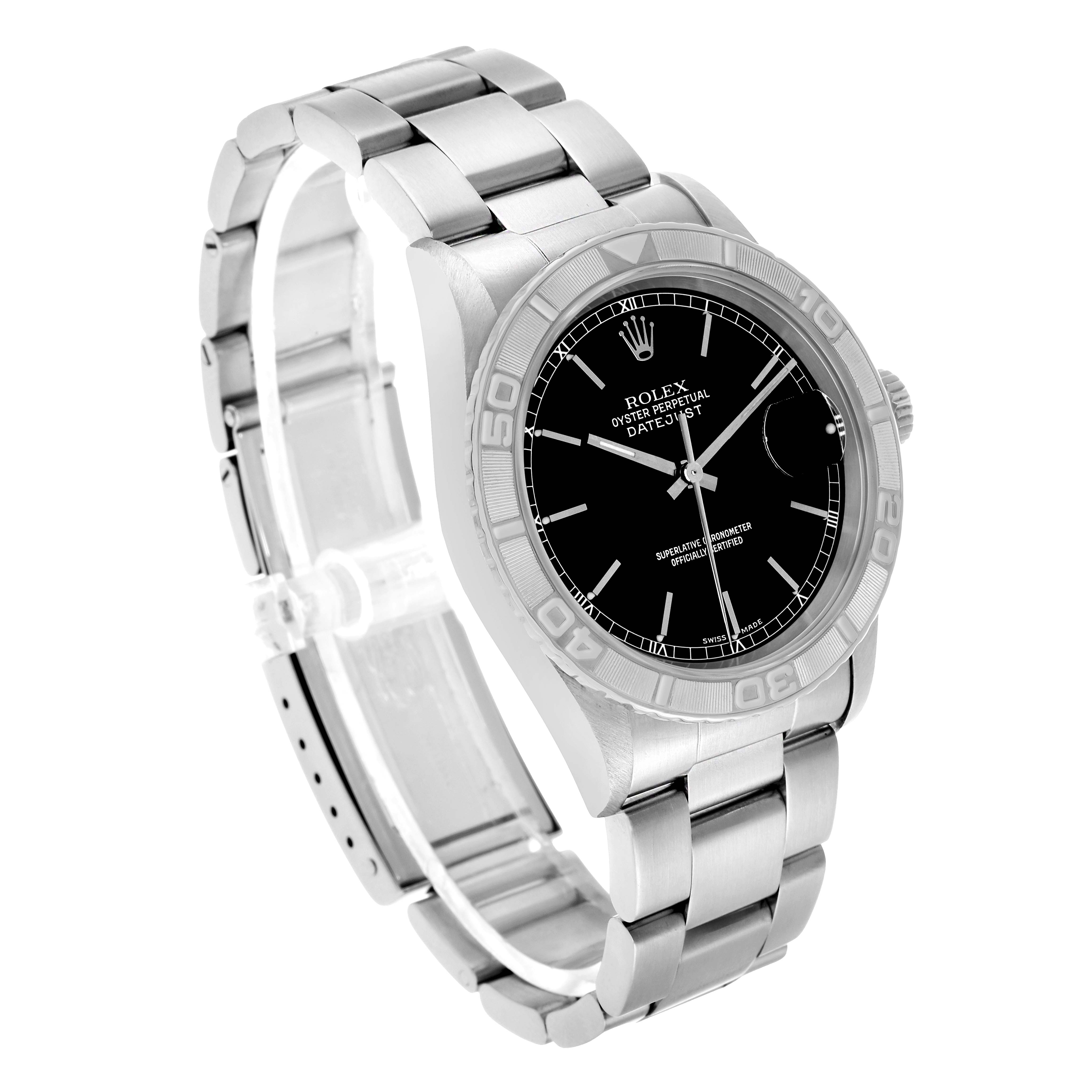 The Rolex Turn-o-Graph 16264 Men's Stainless Steel Black Dial watch is shown at a three-quarter angle, displaying the face, bezel, crown, and bracelet.