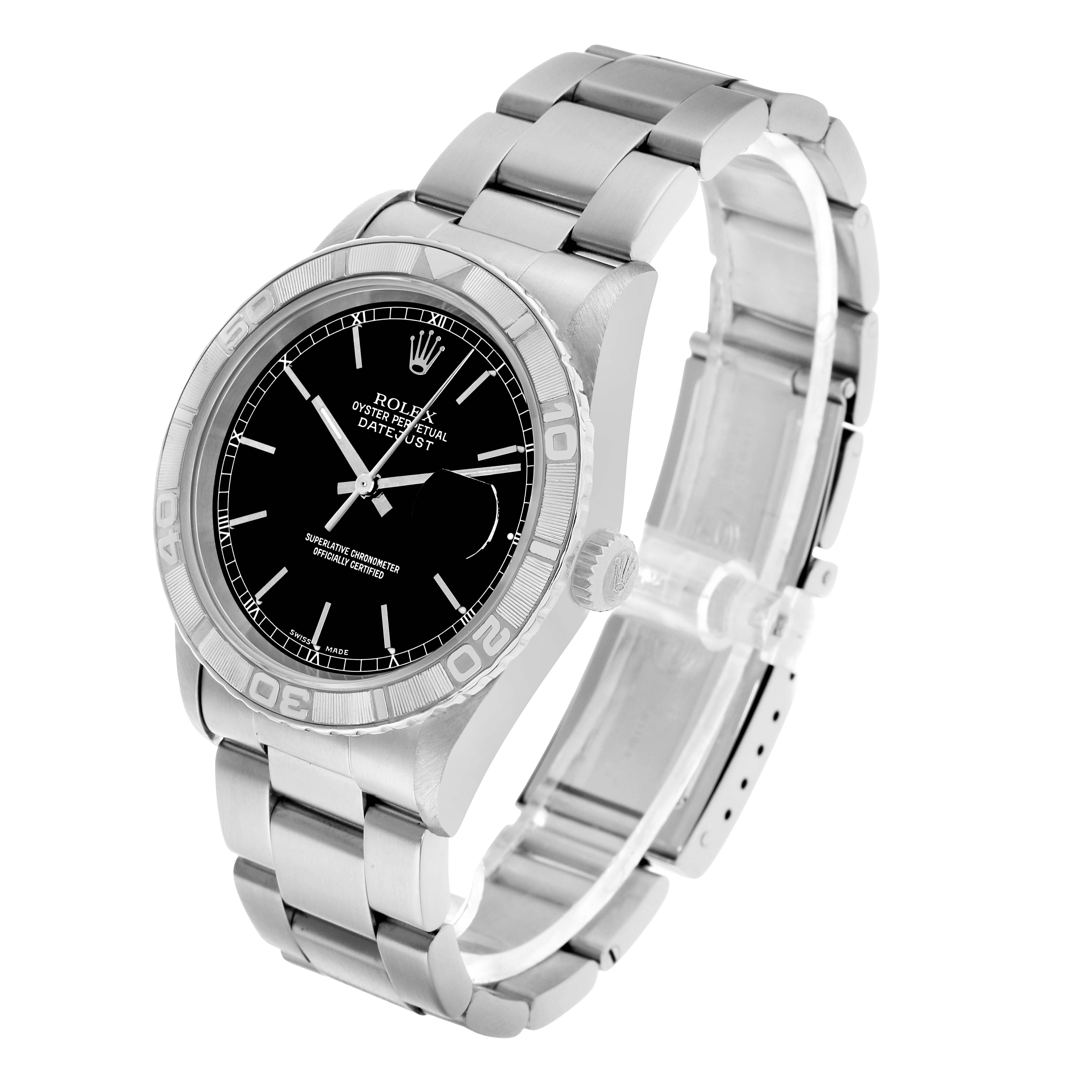 The Rolex Turn-o-Graph 16264 Men's Stainless Steel Black Dial watch is shown at a three-quarter angle, highlighting the face, bezel, crown, and bracelet.