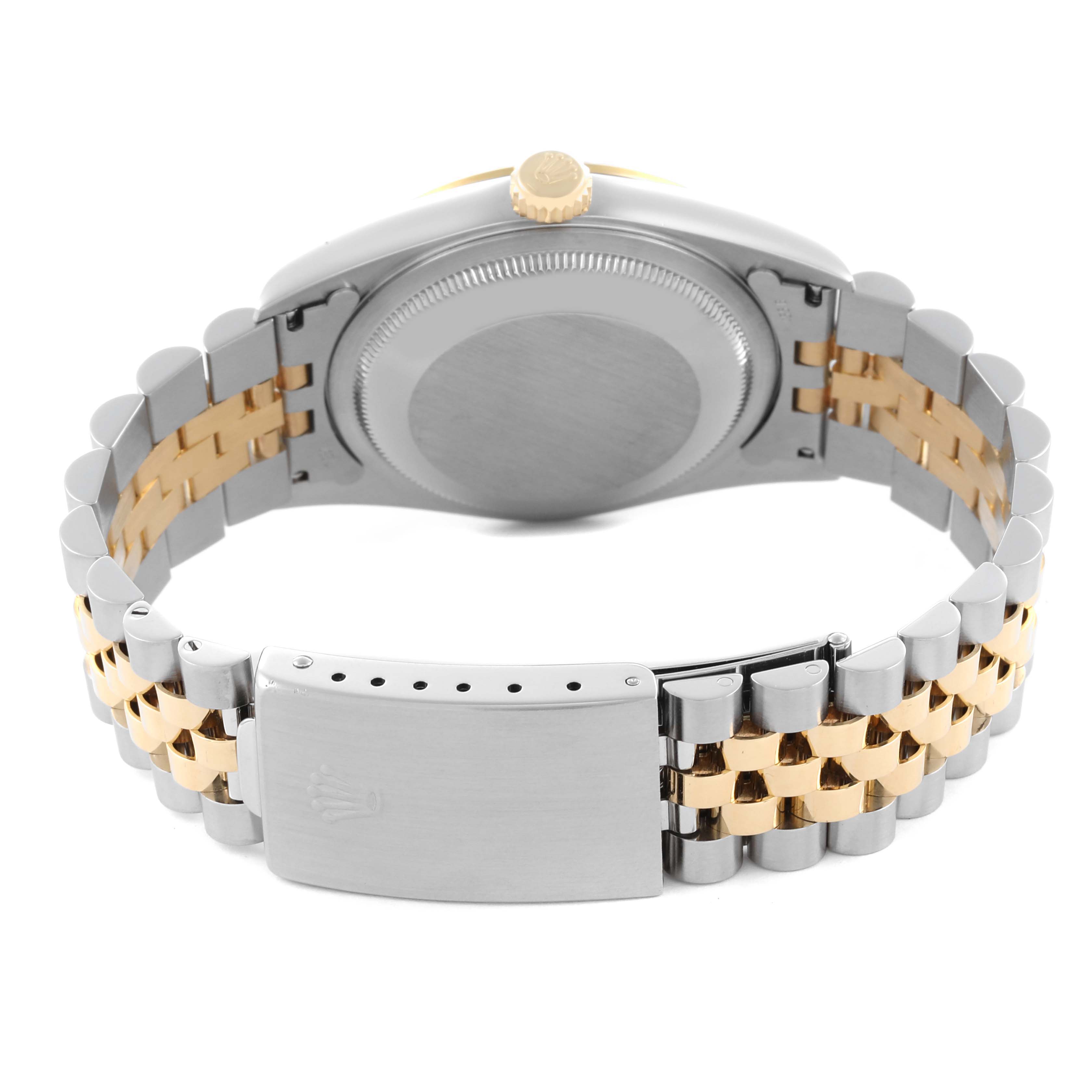 The image shows the backside of a Rolex Datejust 16233 Men
s Steel and Gold (two tone) White Dial 16233 Men
s Steel and Gold (two tone) White Dial watch, highlighting the case back and Jubilee bracelet with a visible clasp.