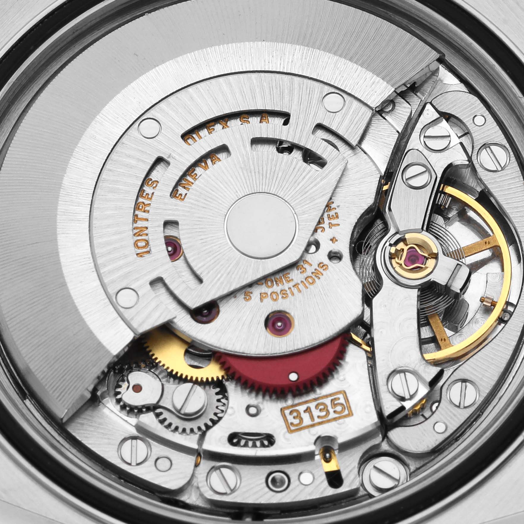 This image shows a close-up of the movement of a Rolex Datejust 16233 Men
s Steel and Gold (two tone) White Dial 16233 Men
s Steel and Gold (two tone) White Dial, highlighting its intricate mechanical components.