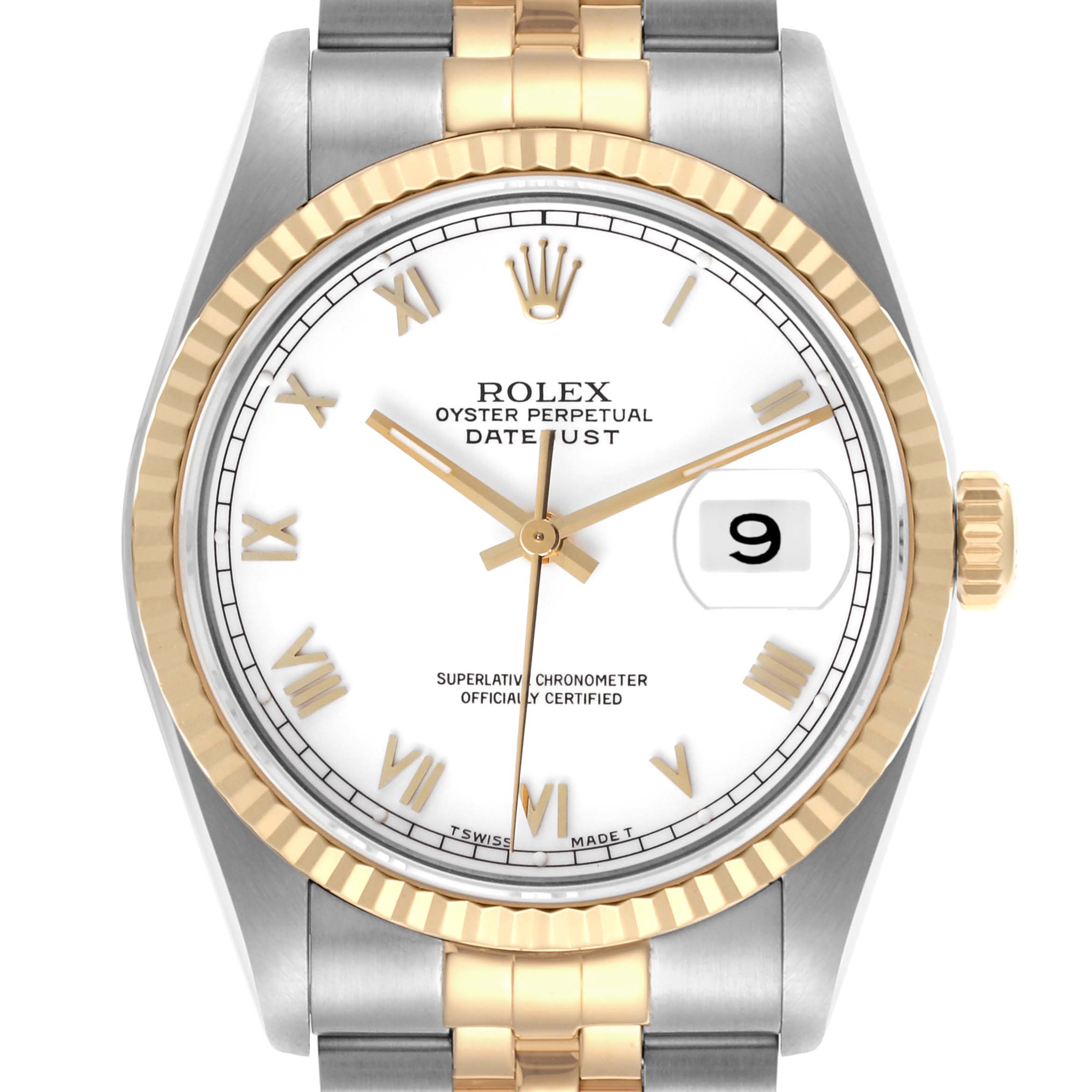 The Rolex Datejust 16233 Men
s Steel and Gold (two tone) White Dial 16233 Men
s Steel and Gold (two tone) White Dial watch is shown from the front, displaying the face, bezel, crown, and part of the bracelet.