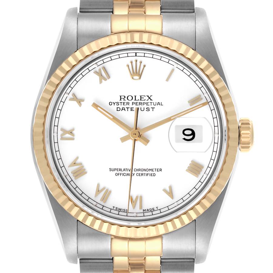 The Rolex Datejust watch is shown from the front, displaying the face, bezel, crown, and part of the bracelet.