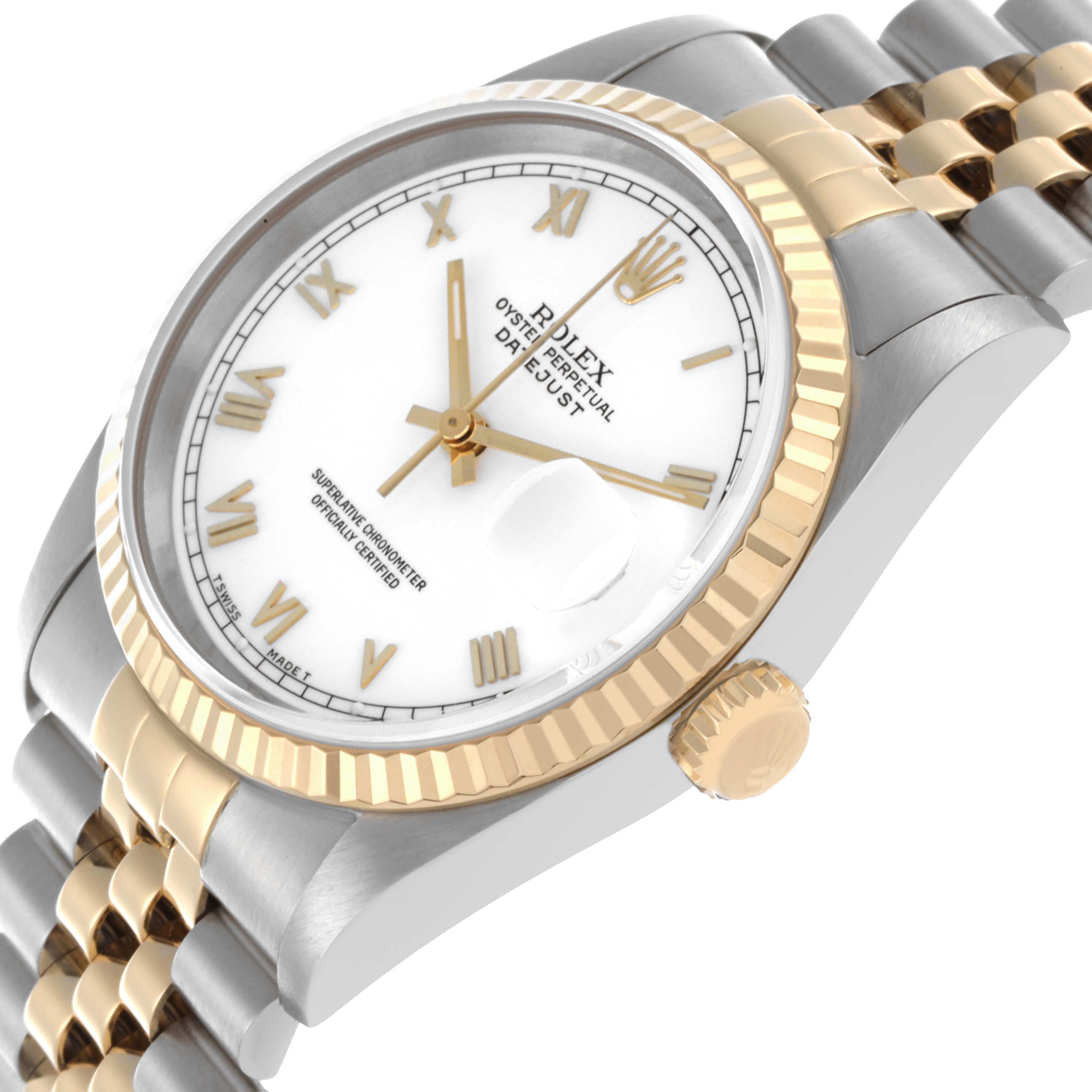 The Rolex Datejust 16233 Men
s Steel and Gold (two tone) White Dial 16233 Men
s Steel and Gold (two tone) White Dial watch is shown at a slight angle, highlighting the dial, crown, bezel, and bracelet.
