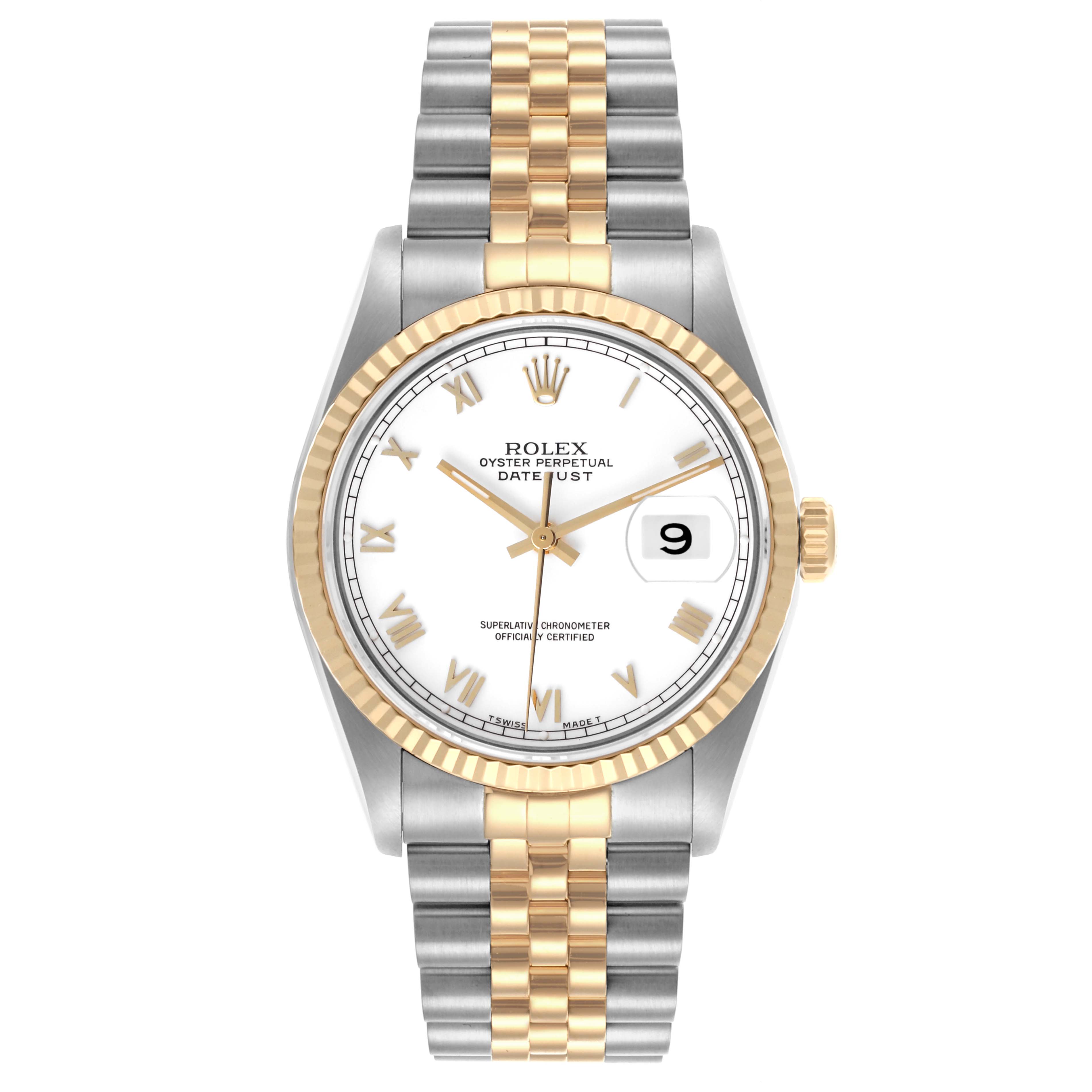 The Rolex Datejust 16233 Men
s Steel and Gold (two tone) White Dial 16233 Men
s Steel and Gold (two tone) White Dial watch is shown from a top-down view, displaying the dial, bezel, crown, and two-tone bracelet.