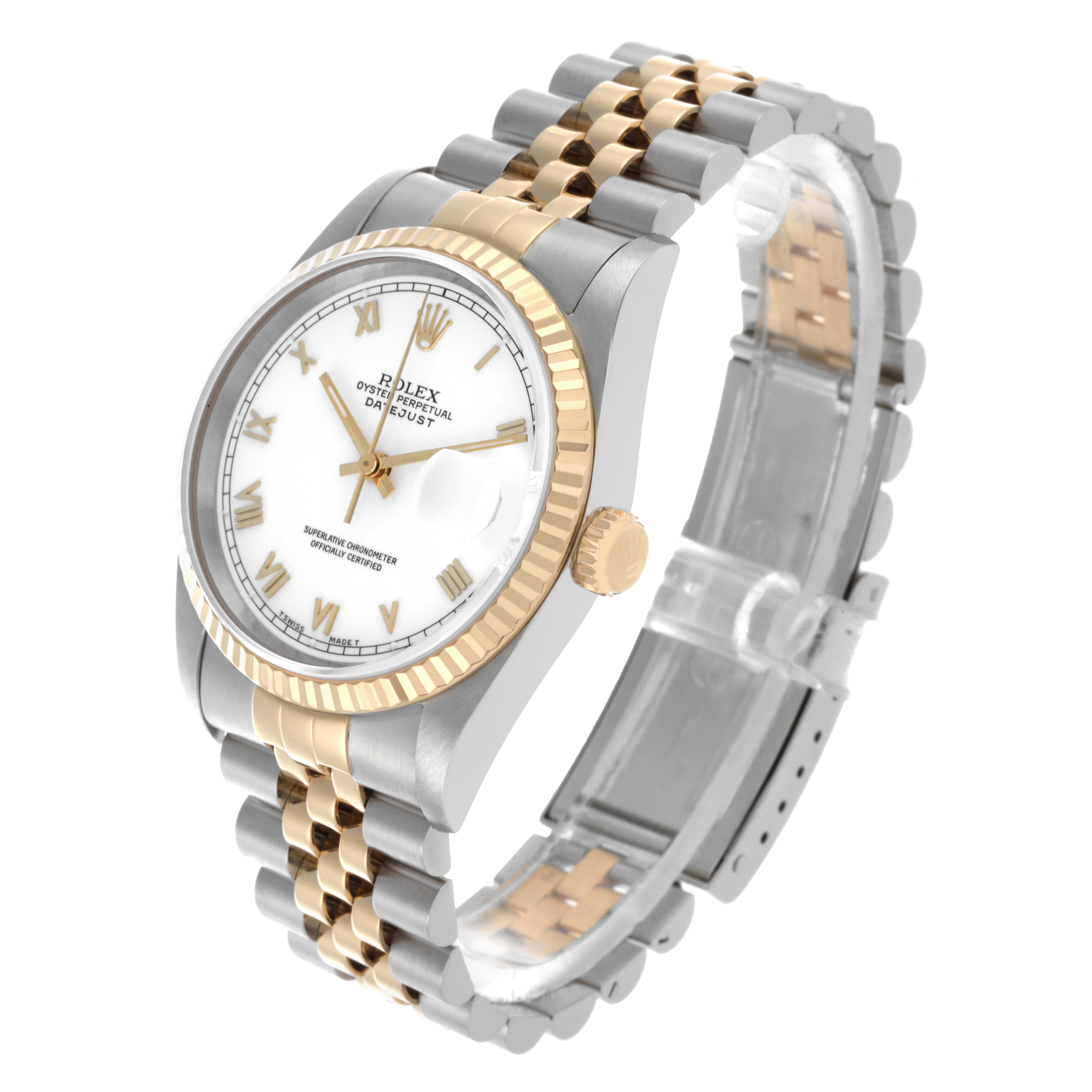 The Rolex Datejust 16233 Men
s Steel and Gold (two tone) White Dial 16233 Men
s Steel and Gold (two tone) White Dial is shown at an angled side view, highlighting the bezel, dial, bracelet, and crown.