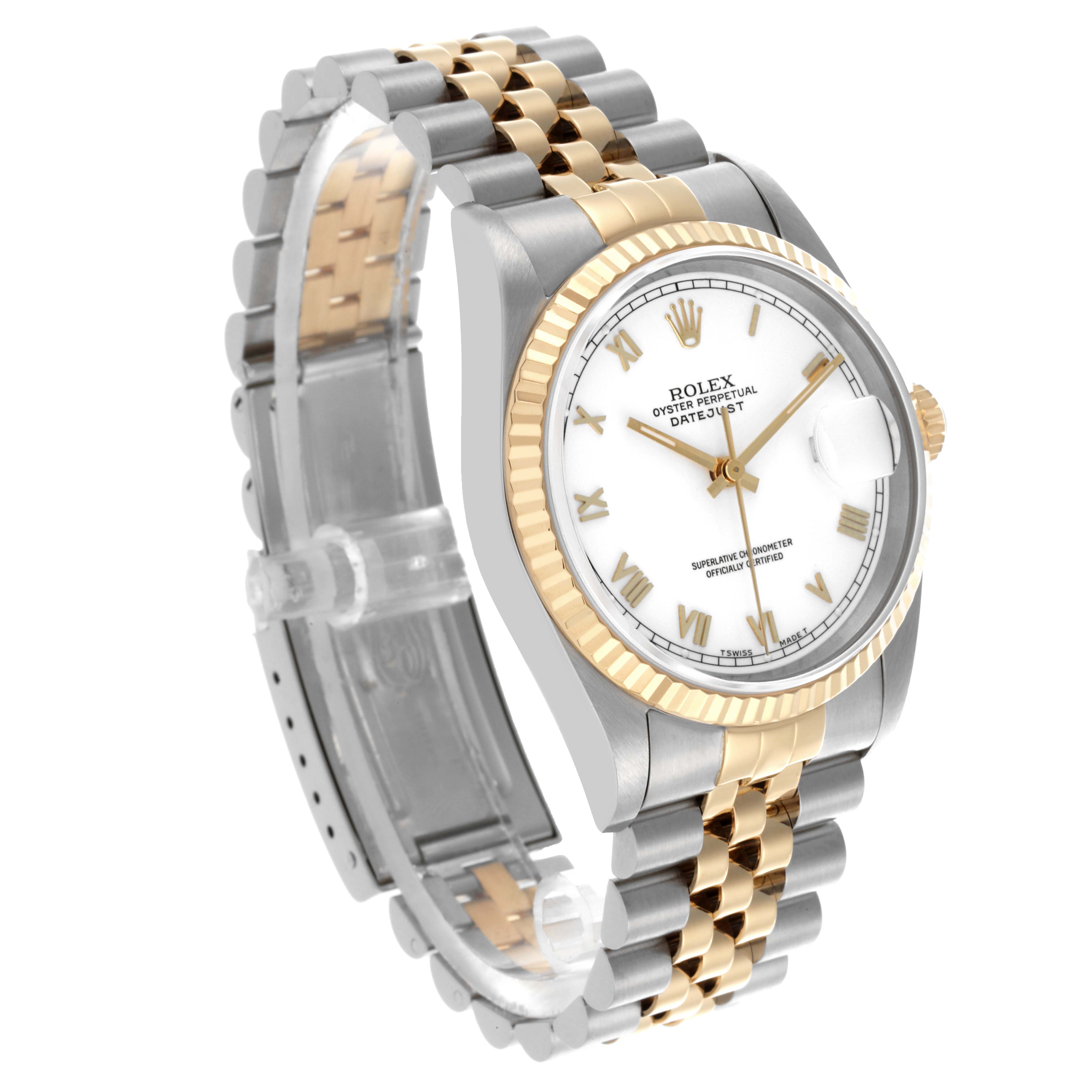 The watch is shown at a side angle, displaying the face, dial, bezel, and two-tone bracelet of the Rolex Datejust 16233 Men
s Steel and Gold (two tone) White Dial 16233 Men
s Steel and Gold (two tone) White Dial model.