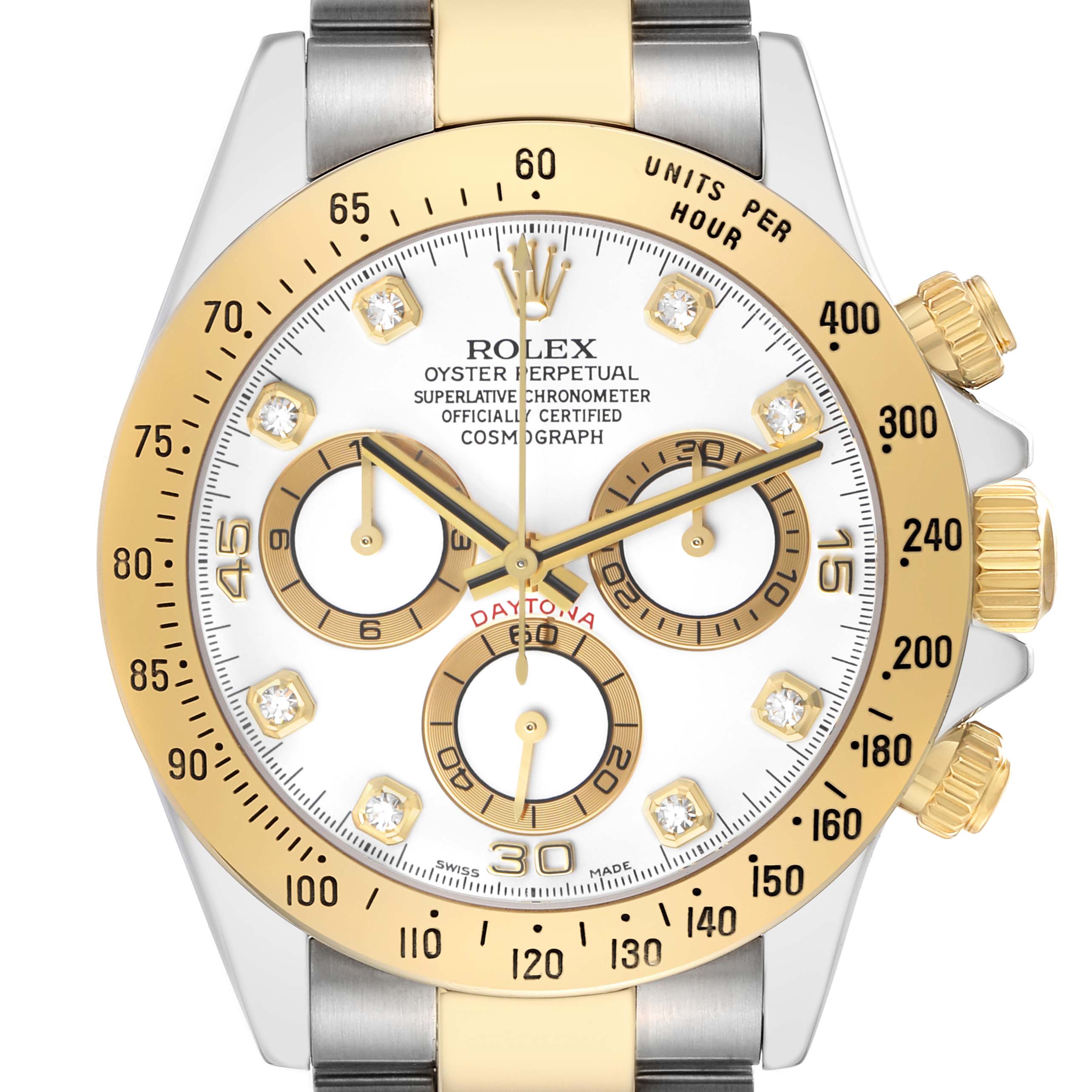 The Rolex Daytona 116523 Men's Steel and Gold (two tone) White Dial watch is shown from the front, displaying the face, bezel, crown, and part of the bracelet.