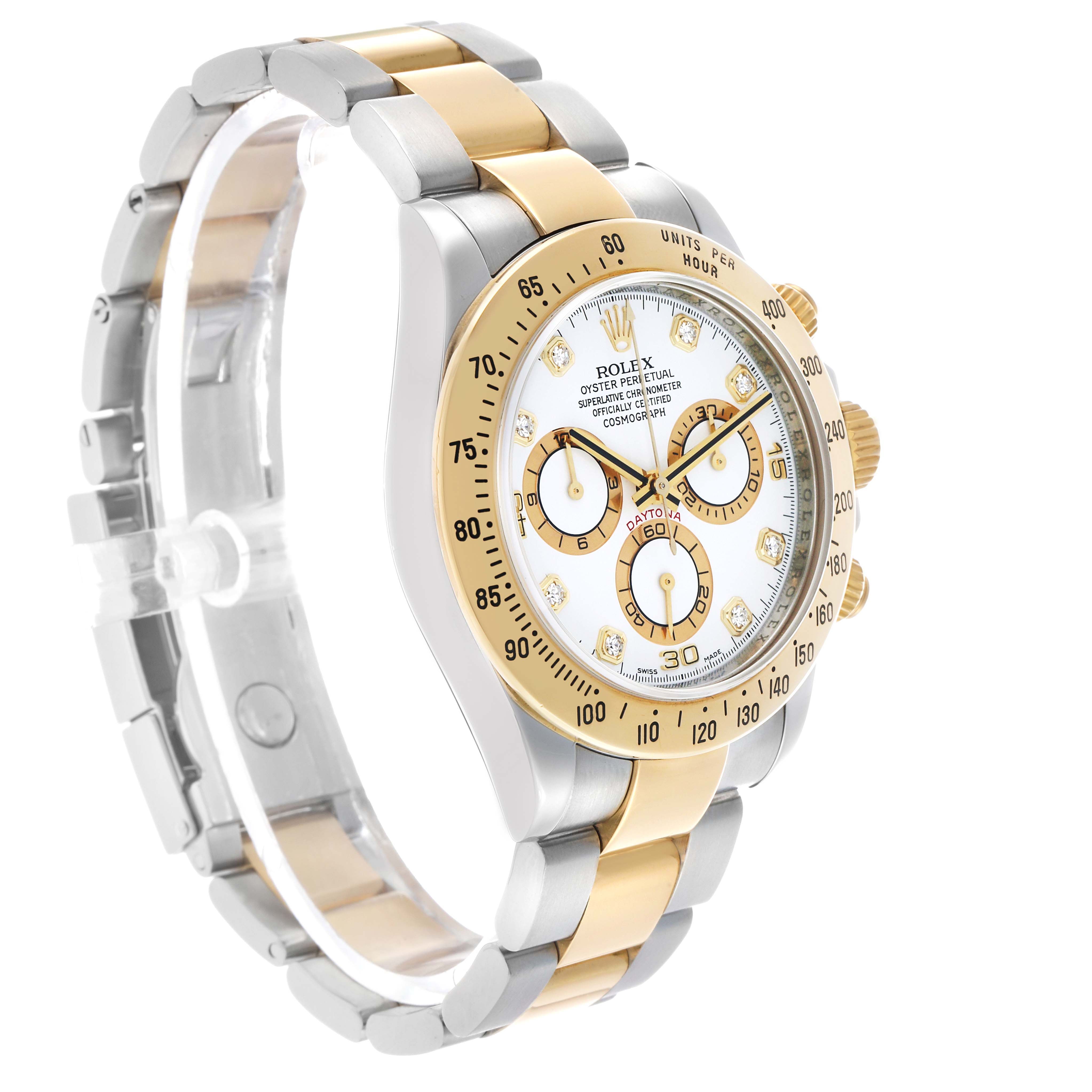 The Rolex Daytona 116523 Men's Steel and Gold (two tone) White Dial watch is shown at a slight angle, displaying the face, bezel, and part of the bracelet.
