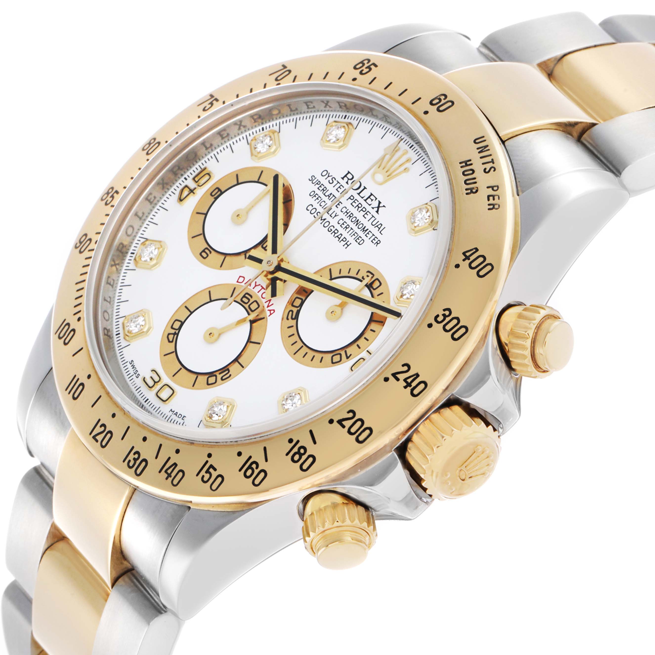 The Rolex Daytona 116523 Men's Steel and Gold (two tone) White Dial watch is shown at an angle highlighting the gold bezel, white dial, and bracelet.