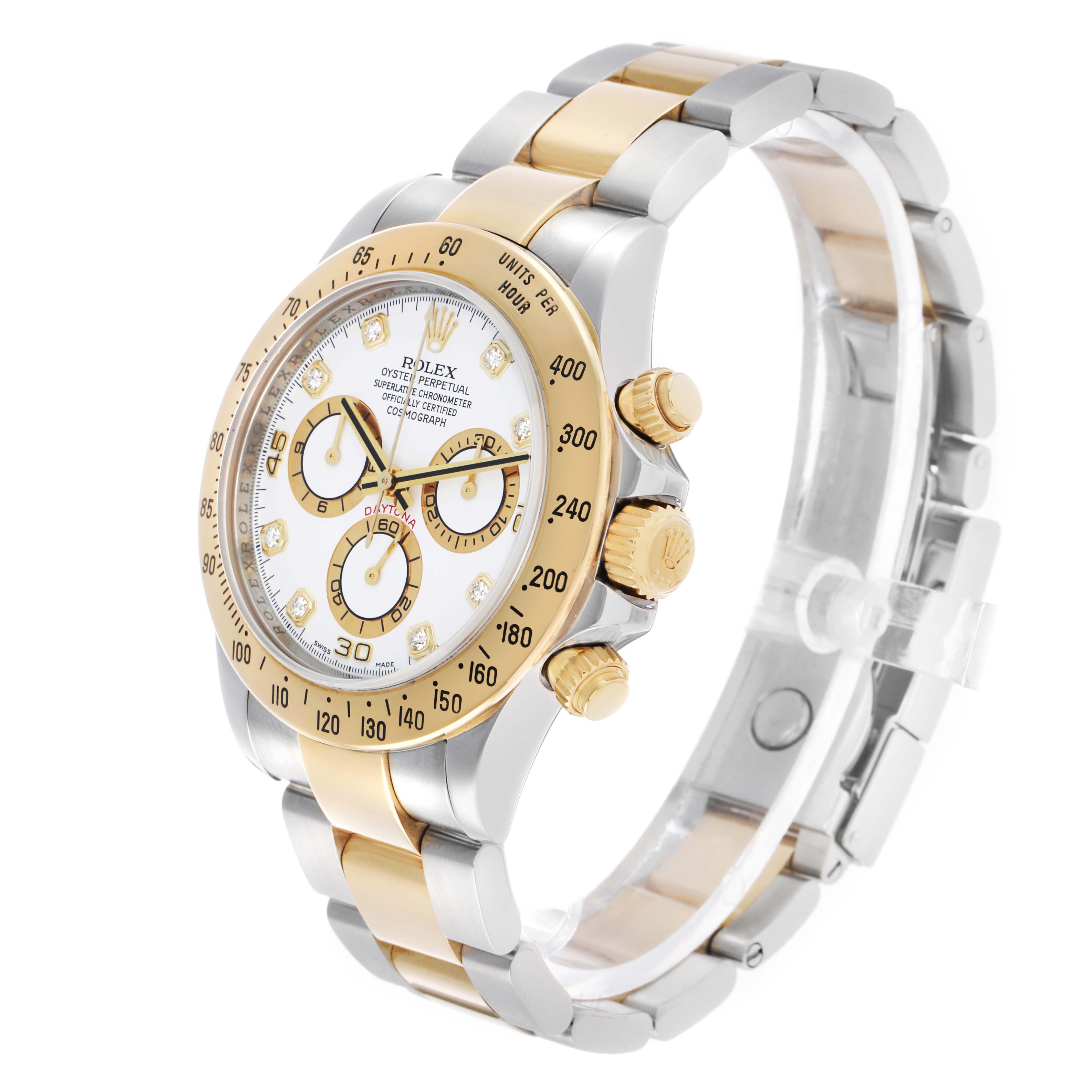 The Rolex Daytona 116523 Men's Steel and Gold (two tone) White Dial watch is shown at a three-quarter angle, highlighting the gold bezel, crown, bracelet, and chronograph subdials.