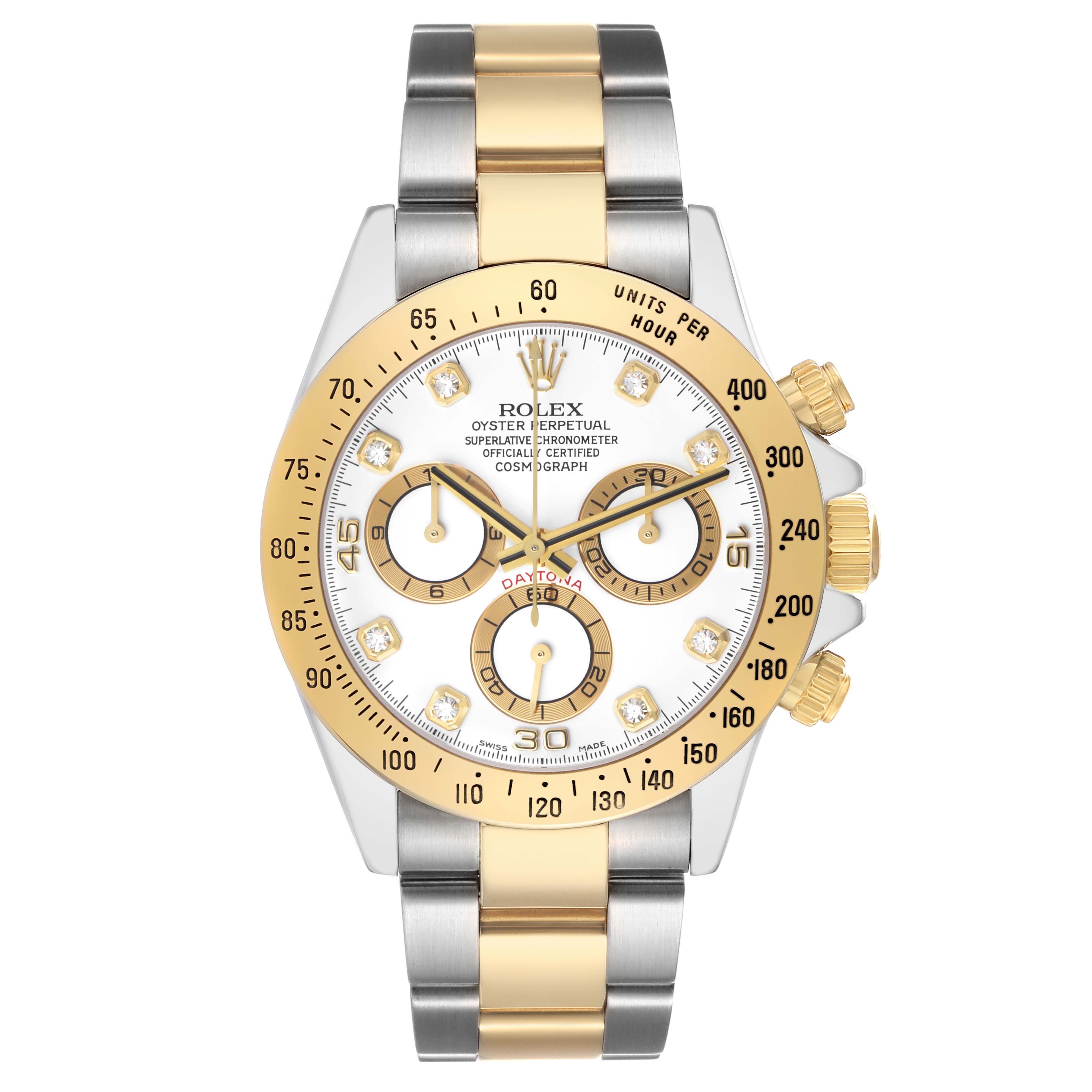 The Rolex Daytona 116523 Men's Steel and Gold (two tone) White Dial watch is shown from a front angle, highlighting the dial, bezel, and two-tone bracelet.