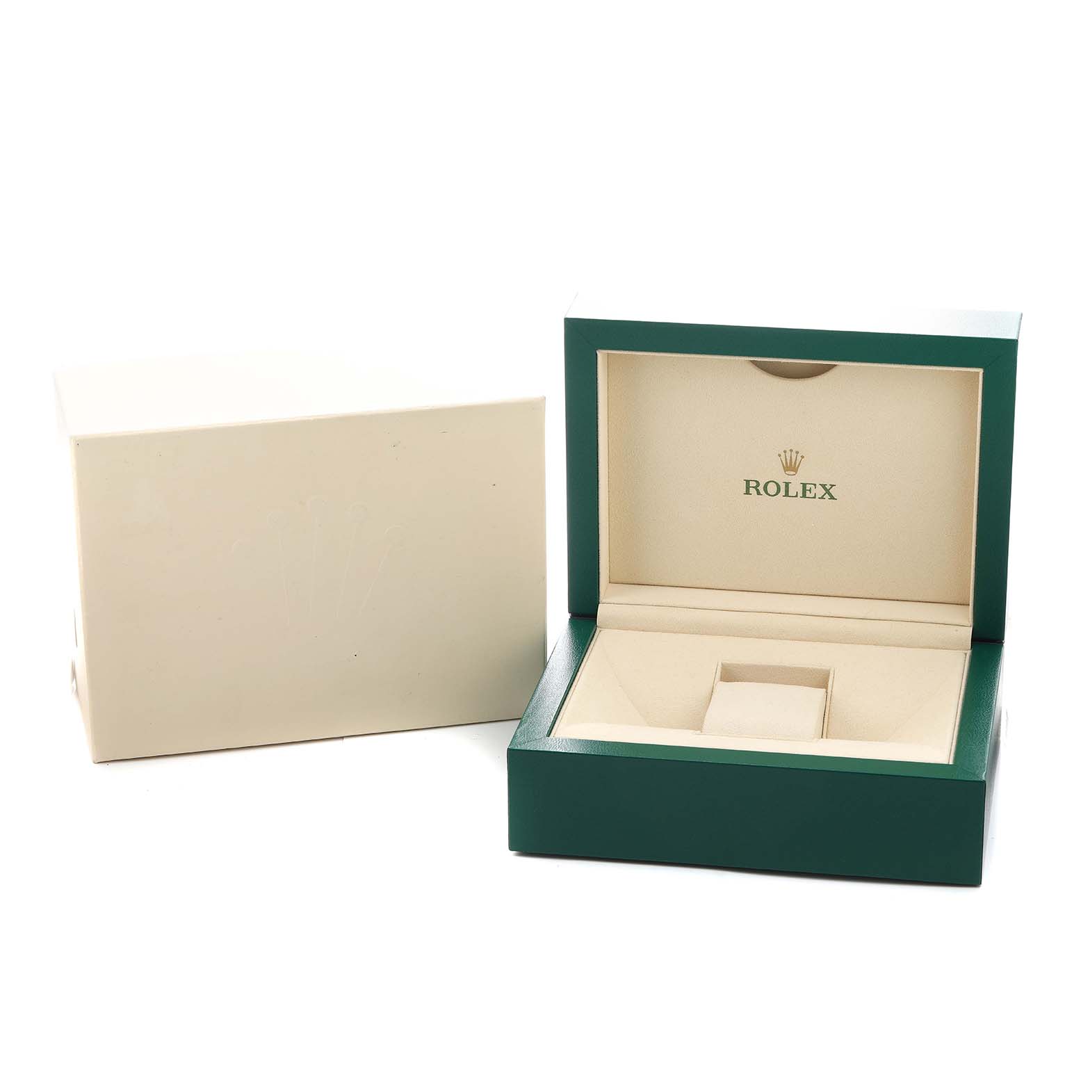 The image shows an open Rolex Daytona 116523 Men's Steel and Gold (two tone) White Dial watch box with its outer sleeve, revealing the interior compartment.