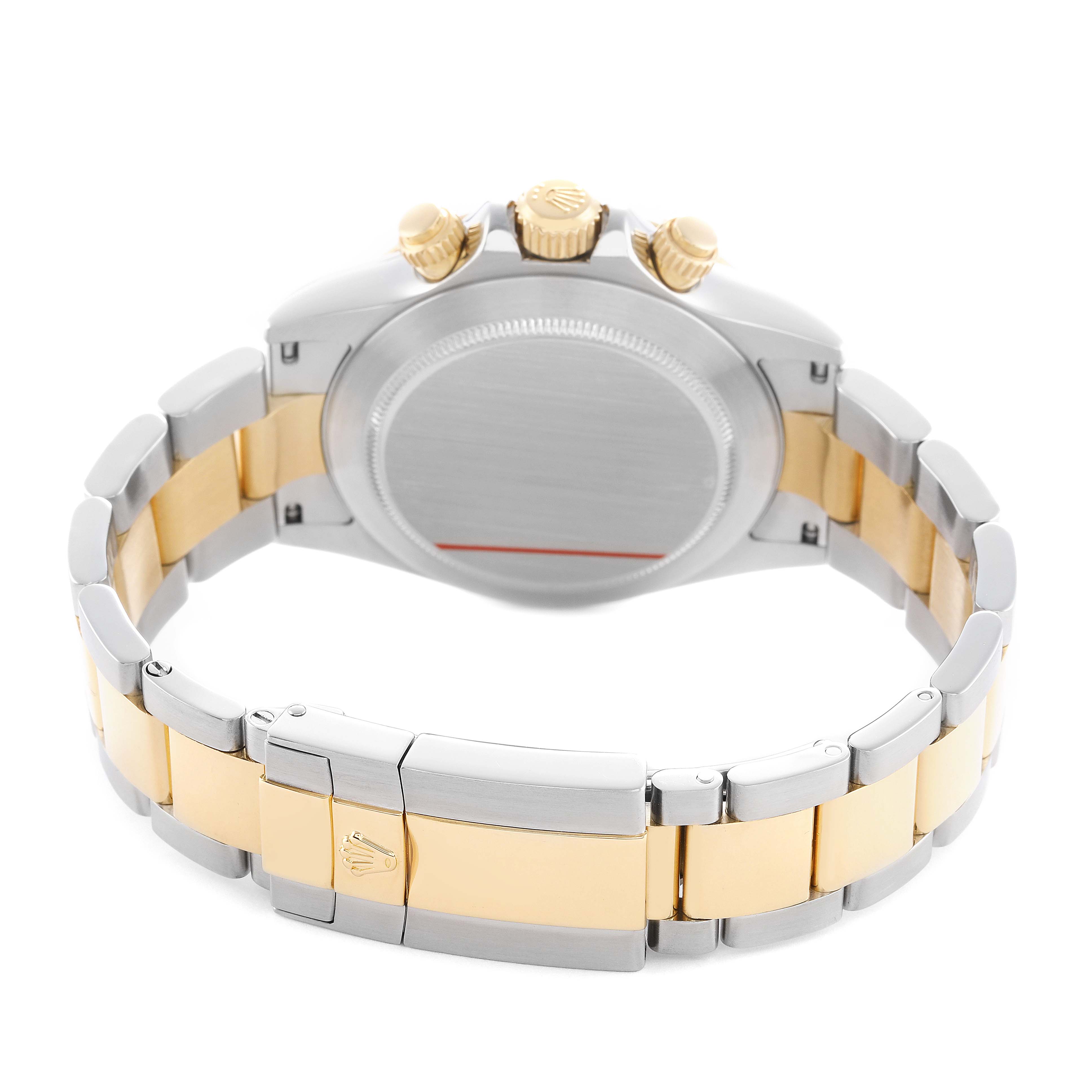 The Rolex Daytona 116523 Men's Steel and Gold (two tone) White Dial is shown from the back, highlighting the case back, crown, pushers, and bracelet.