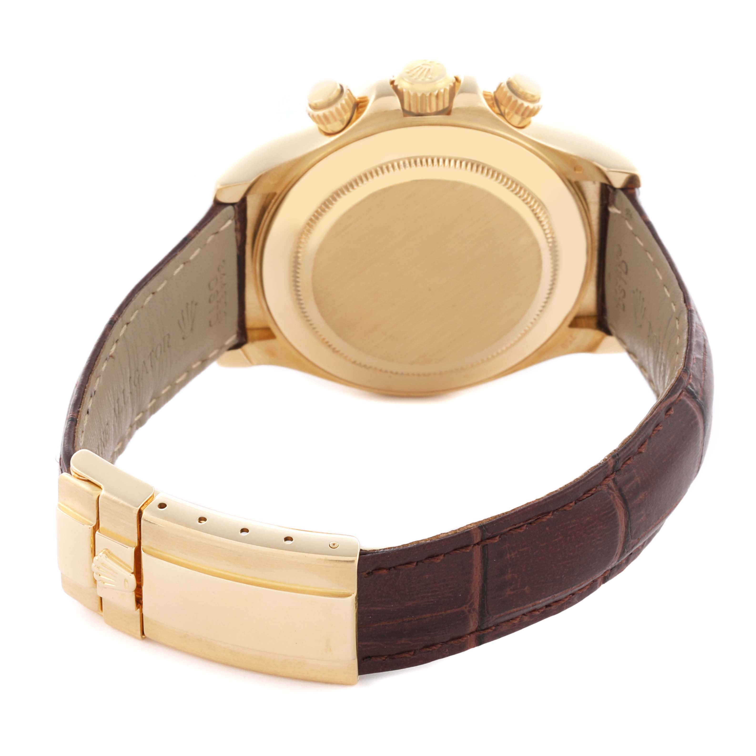 The image shows the back and side of a Rolex Daytona 116518 Men's Yellow Gold White Dial 116518 Men's Yellow Gold White Dial watch, featuring the case, crown, pushers, and the leather strap with clasp.