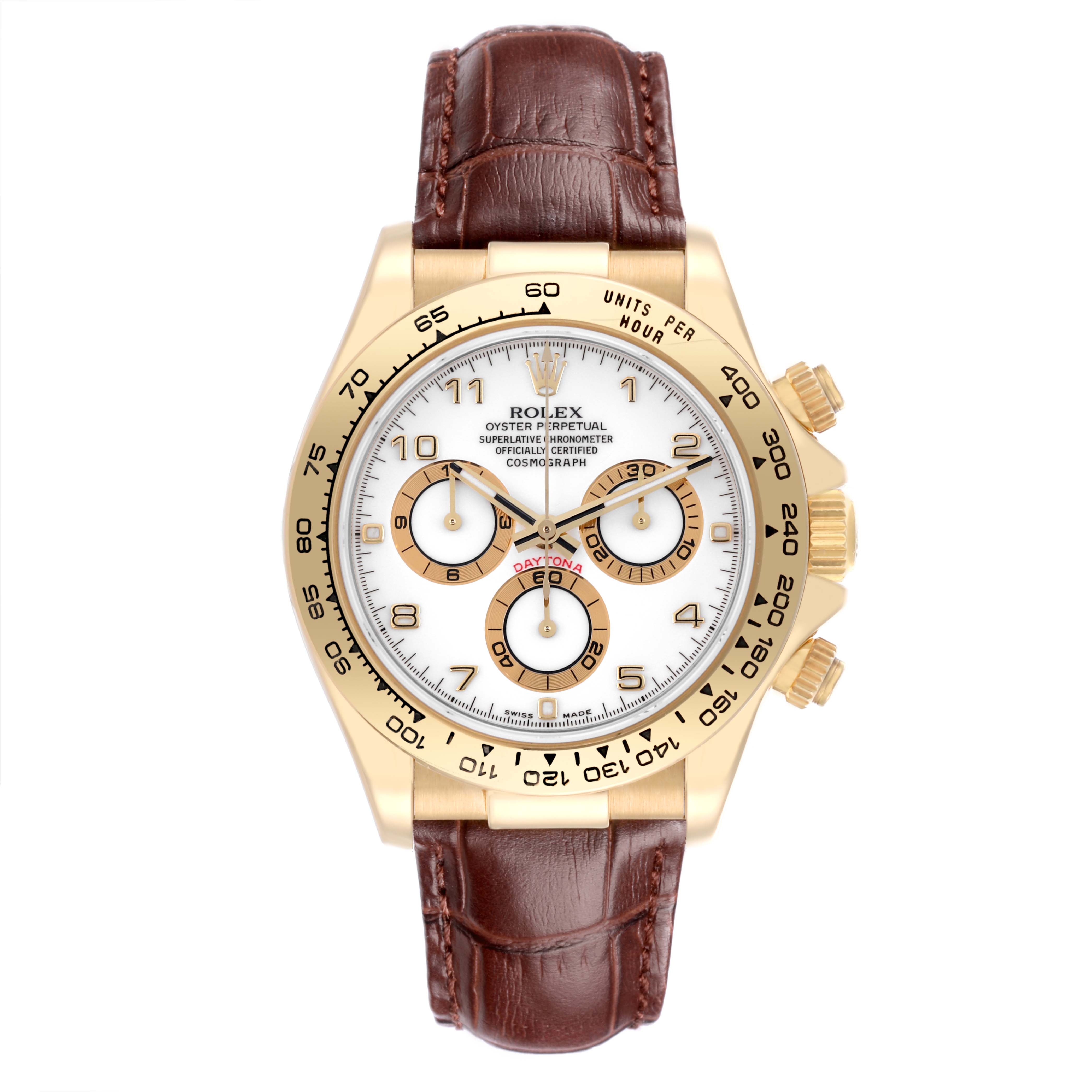 The Rolex Daytona 116518 Men's Yellow Gold White Dial 116518 Men's Yellow Gold White Dial watch is shown from the front, detailing the dial, bezel, and brown leather strap.