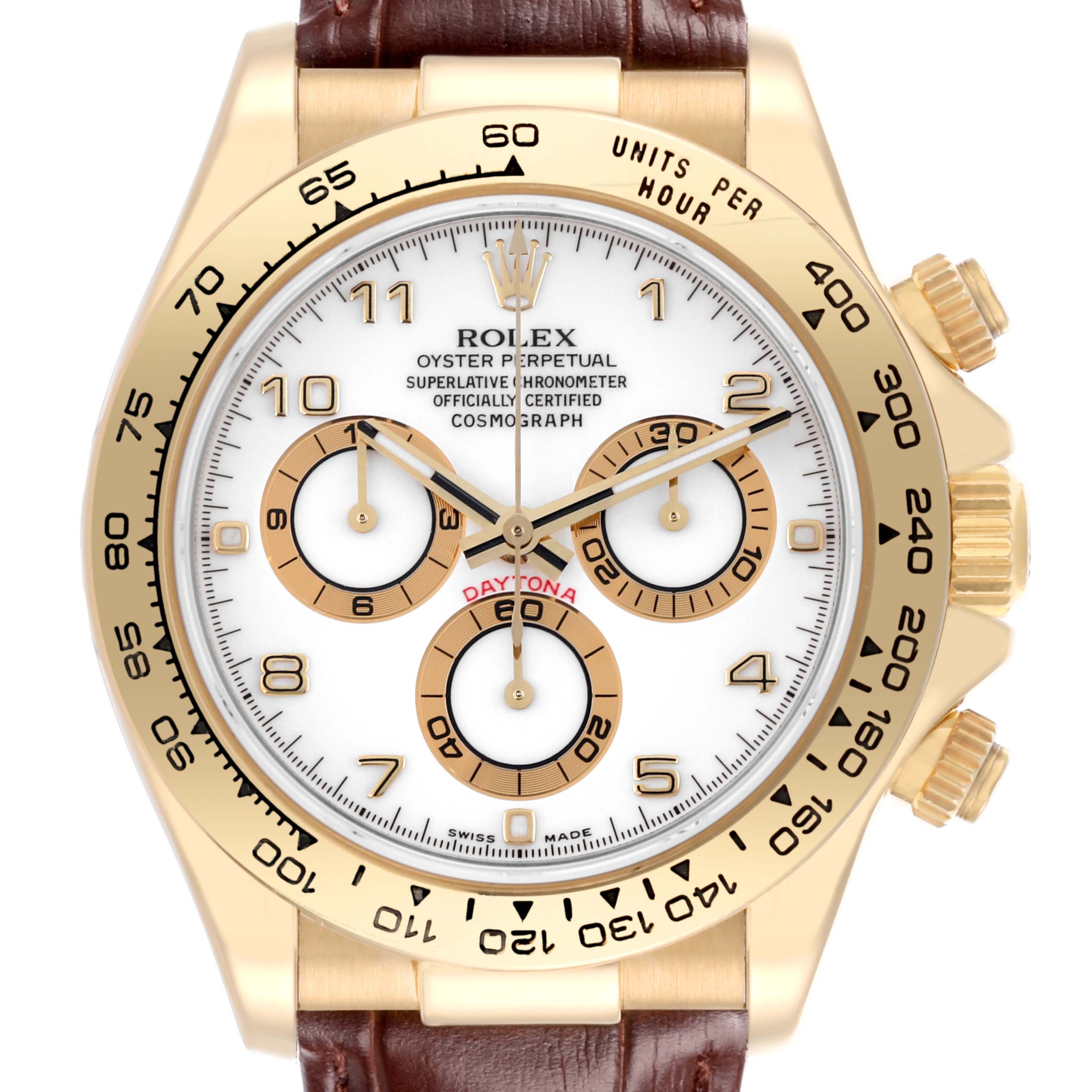 The image shows the Rolex Daytona 116518 Men's Yellow Gold White Dial 116518 Men's Yellow Gold White Dial watch face at a straight angle, highlighting the dial, bezel, and crown on a leather strap.