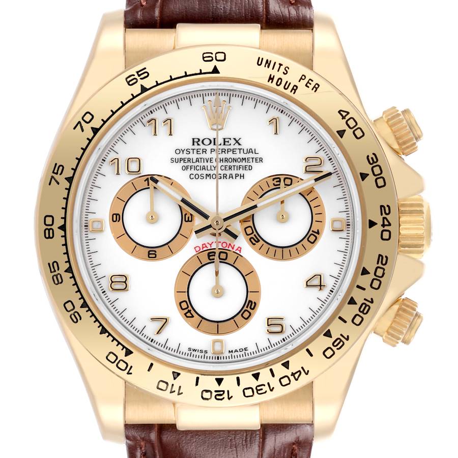 The image shows the Rolex Daytona watch face at a straight angle, highlighting the dial, bezel, and crown on a leather strap.