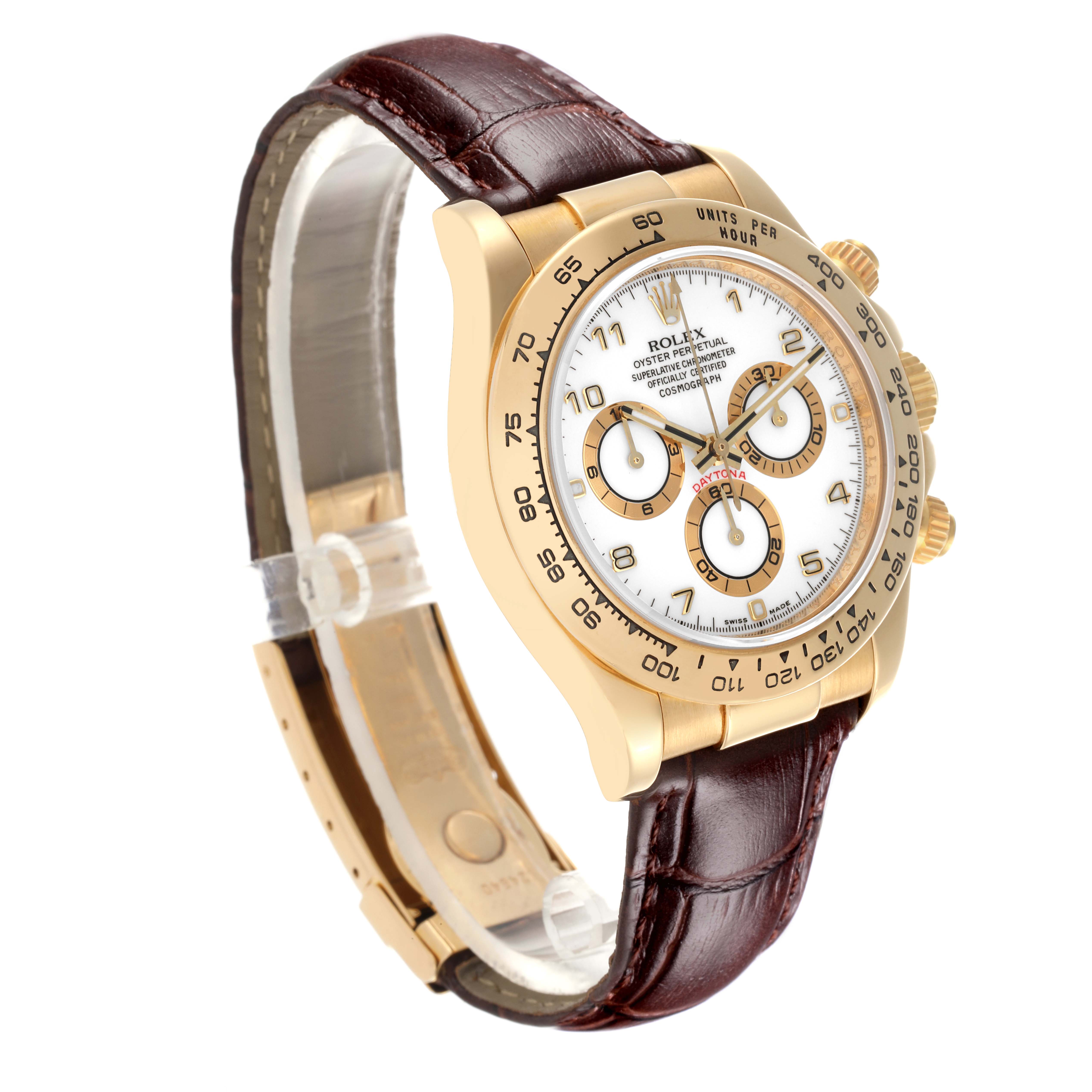 The Rolex Daytona 116518 Men's Yellow Gold White Dial 116518 Men's Yellow Gold White Dial watch is shown at a three-quarter angle, highlighting the face, bezel, crown, and leather strap.