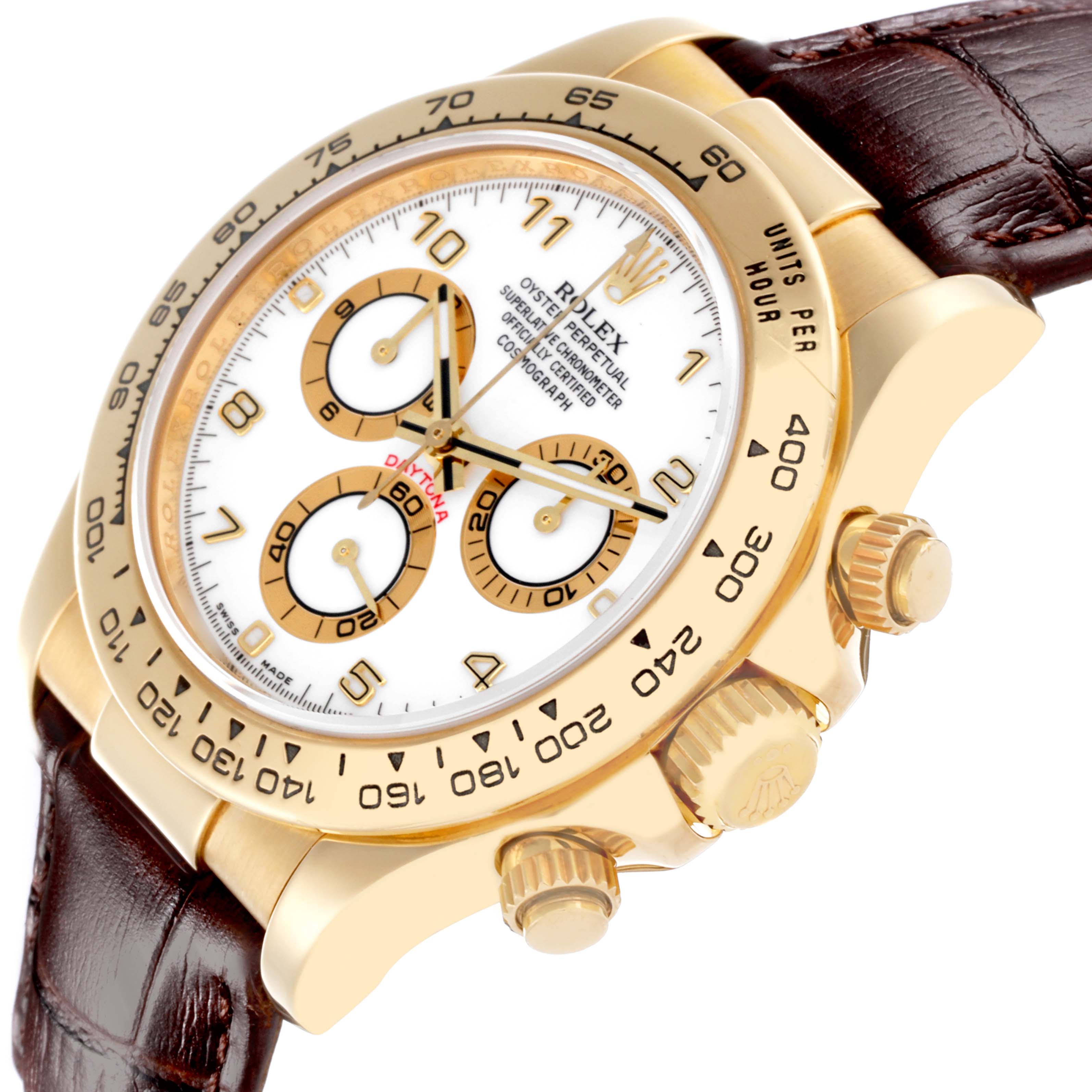 The Rolex Daytona 116518 Men's Yellow Gold White Dial 116518 Men's Yellow Gold White Dial watch is shown at a three-quarter angle, highlighting the face, bezel, pushers, and leather strap.