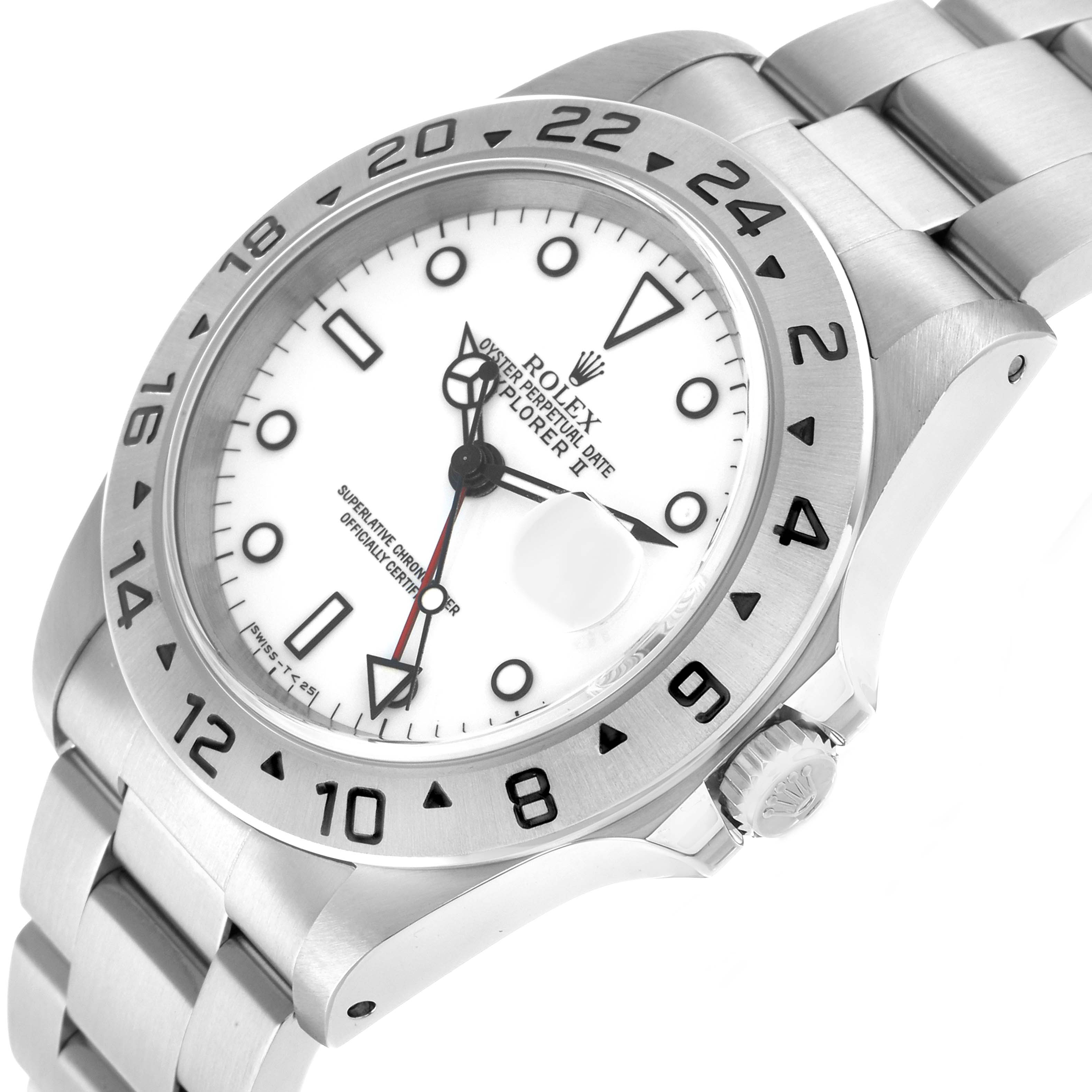 The image shows a Rolex Explorer 16570 Men's Stainless Steel White Dial model watch from a side angle, highlighting the bezel, crown, and bracelet.