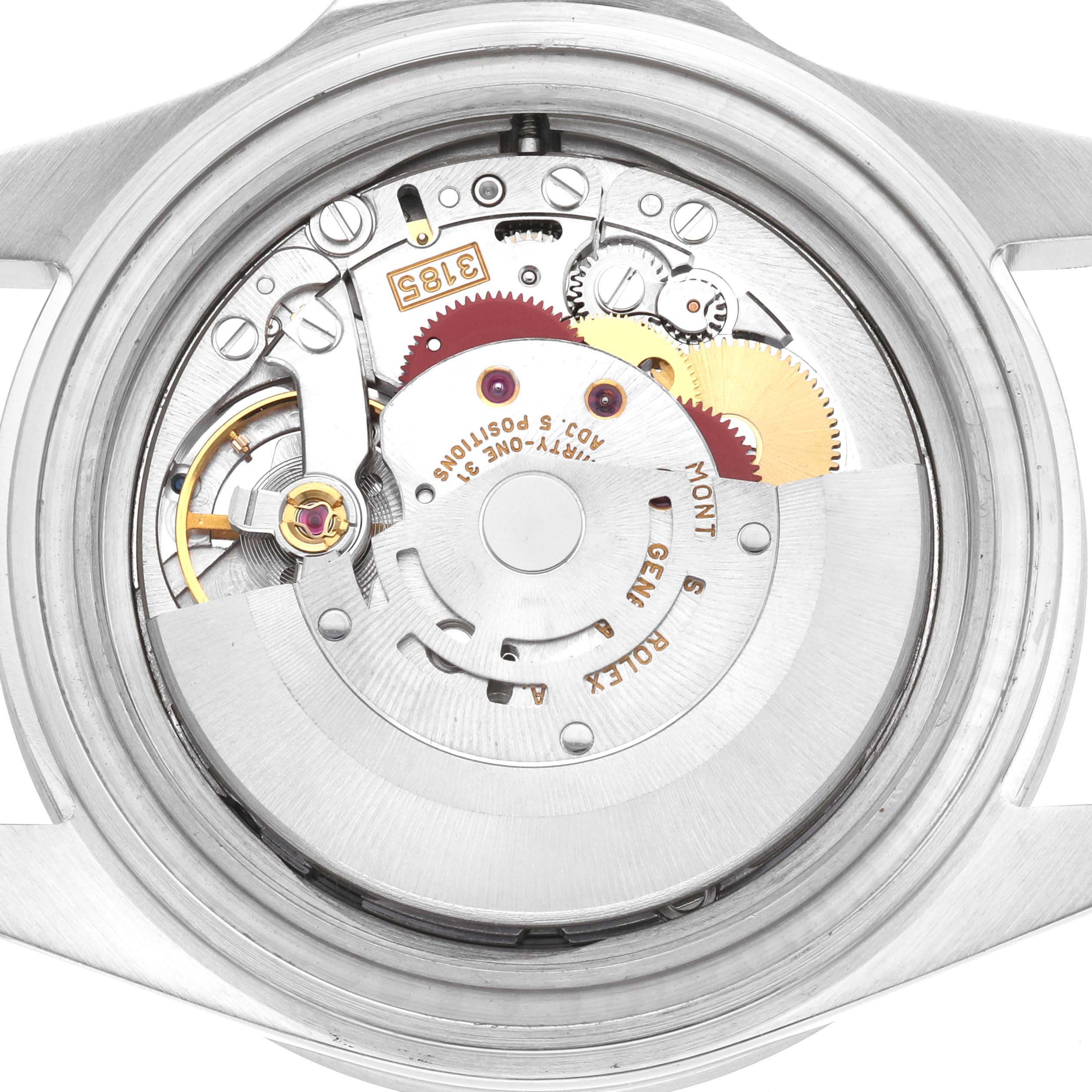 The image shows the open back view of a Rolex Explorer 16570 Men's Stainless Steel White Dial, revealing its internal movement mechanism.