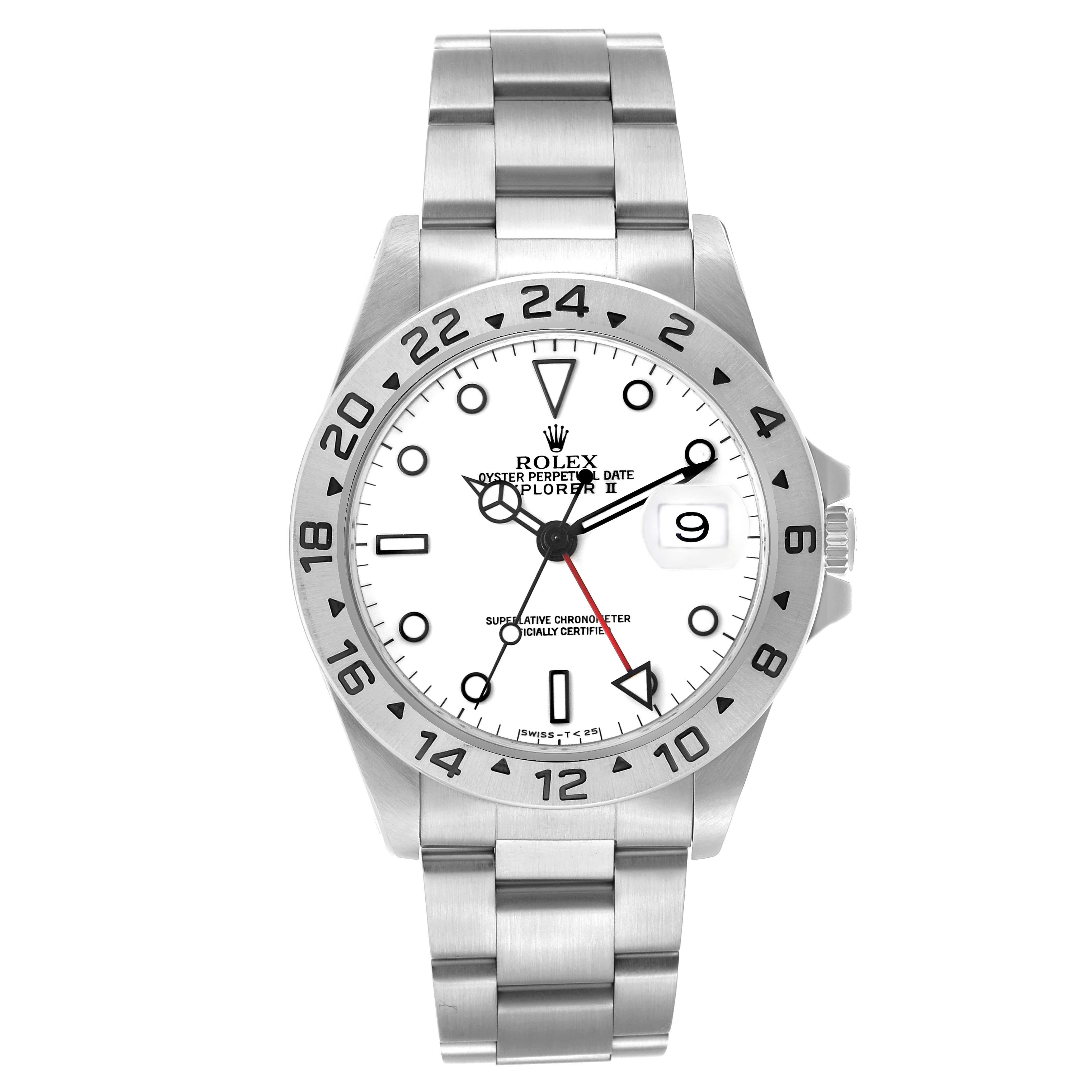 The Rolex Explorer 16570 Men's Stainless Steel White Dial watch is shown from a front angle, displaying its face, bezel, bracelet, and crown.