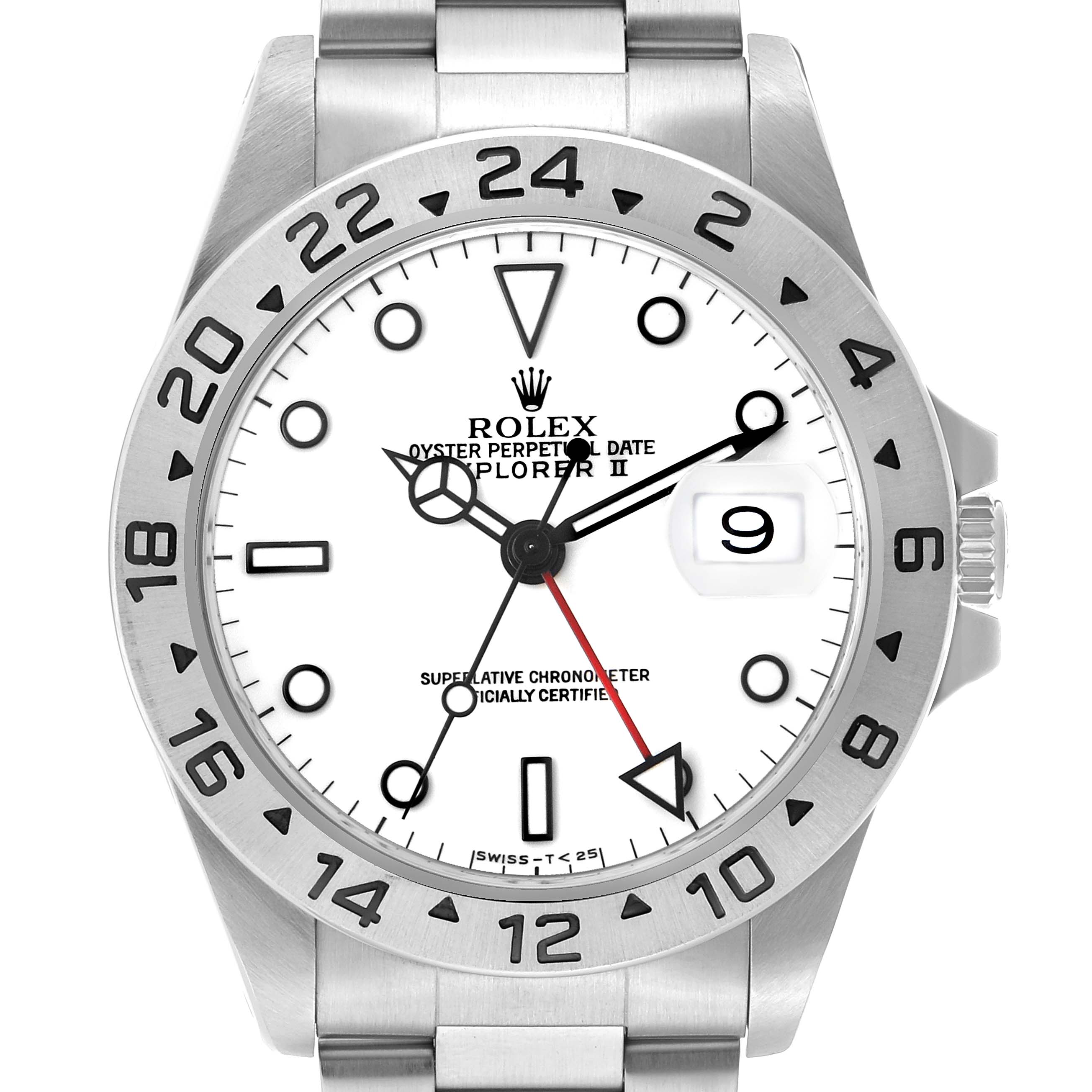 The image shows a frontal view of the Rolex Explorer 16570 Men's Stainless Steel White Dial II watch, highlighting the dial, hands, bezel, and crown.