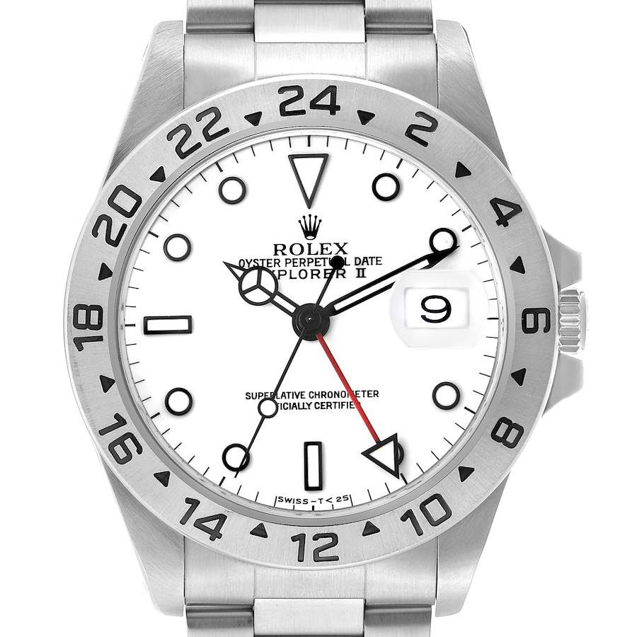 The image shows a frontal view of the Rolex Explorer 16570 Men's Stainless Steel White Dial II watch, highlighting the dial, hands, bezel, and crown.