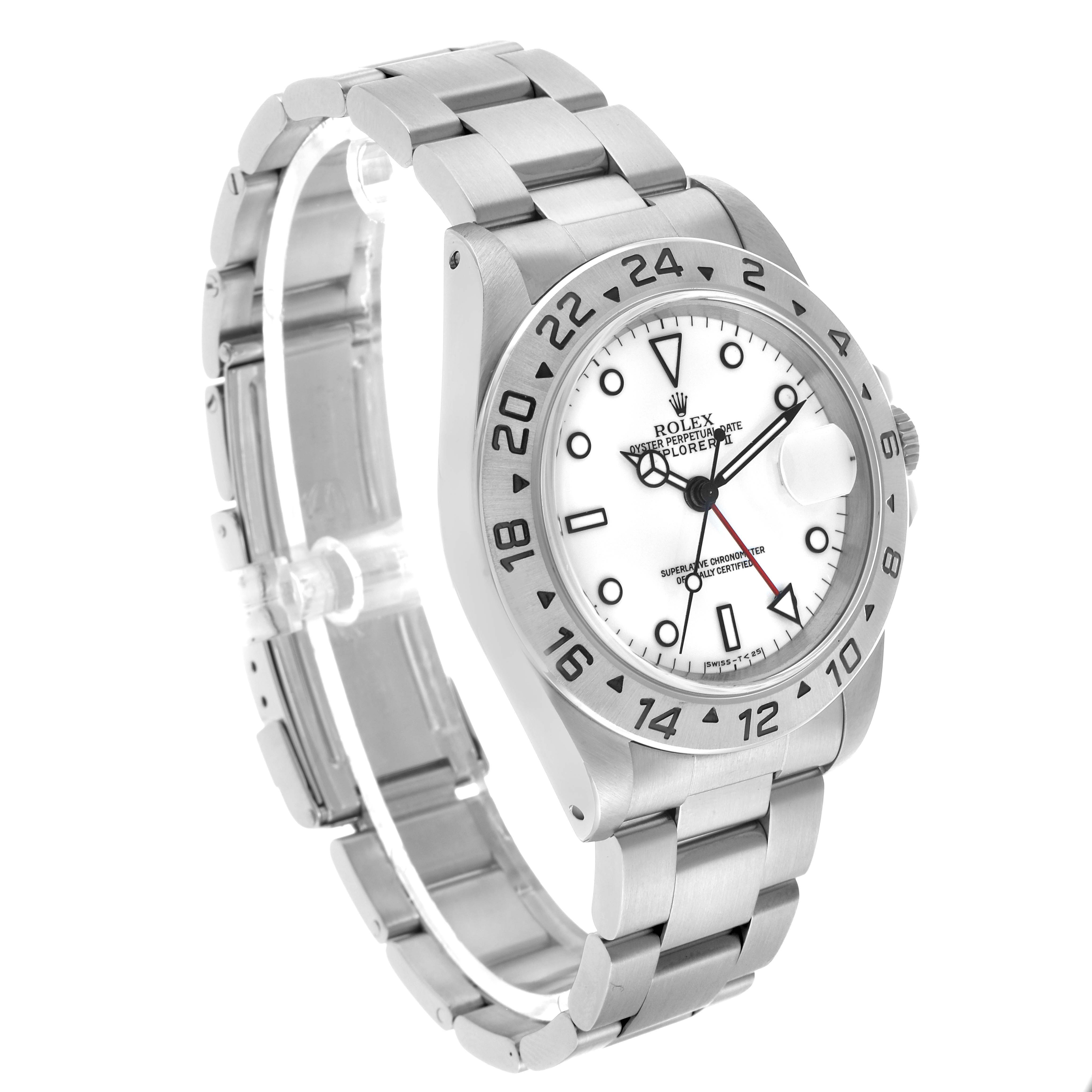 The Rolex Explorer 16570 Men's Stainless Steel White Dial is shown at a three-quarter angle, displaying the bezel, dial, hands, and part of the bracelet.