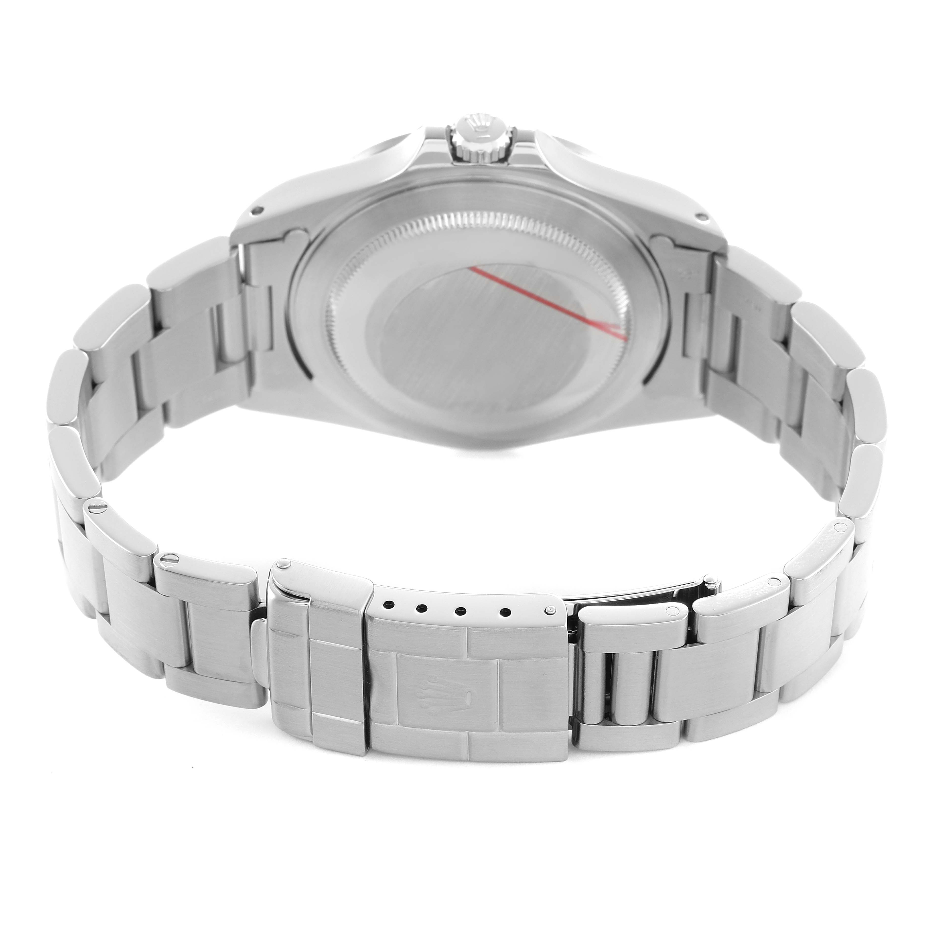 The image shows the back view of a Rolex Explorer 16570 Men's Stainless Steel White Dial, highlighting the case back and metal bracelet.