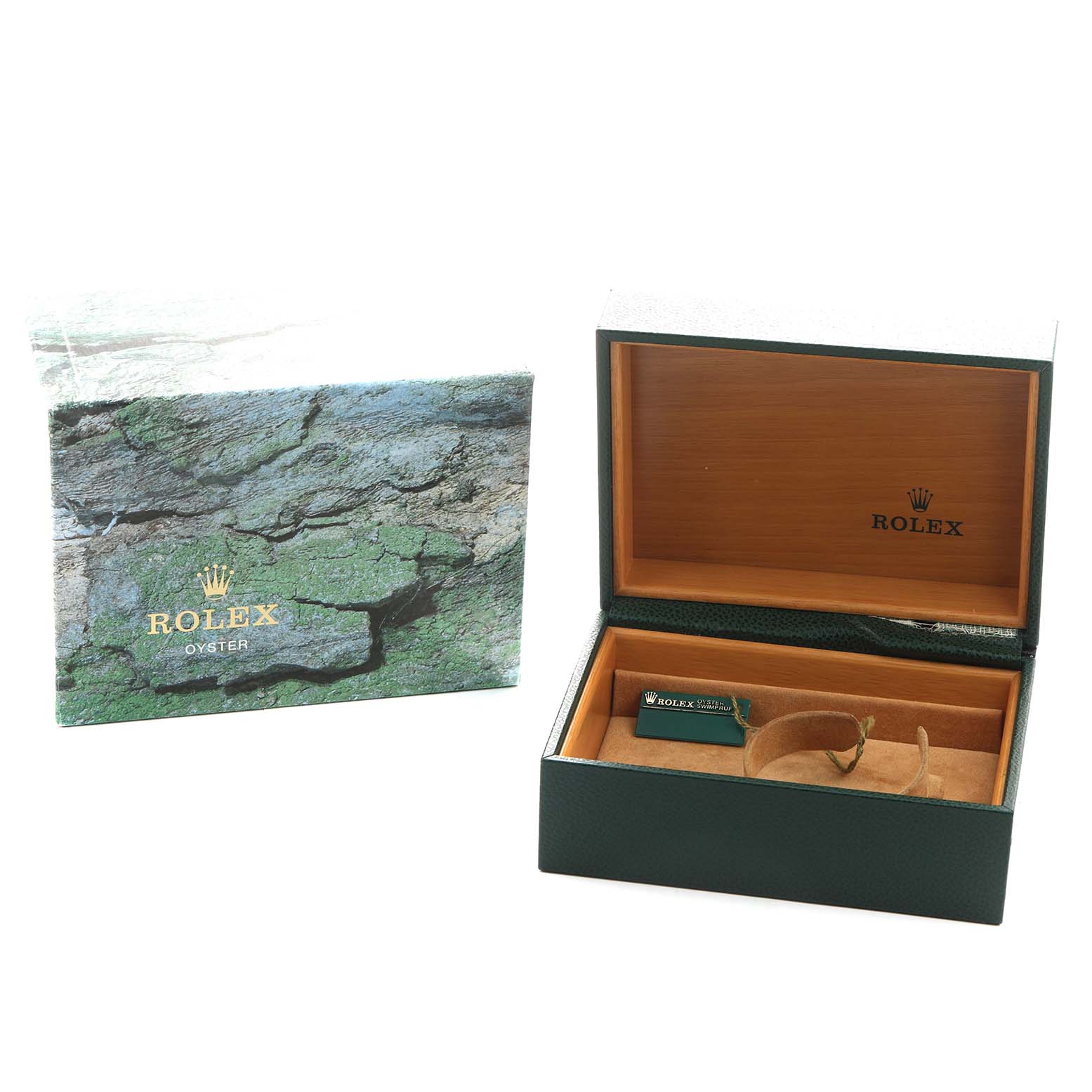 The image shows a Rolex Explorer 16570 Men's Stainless Steel White Dial watch box and booklet, with the box open, showcasing its interior.