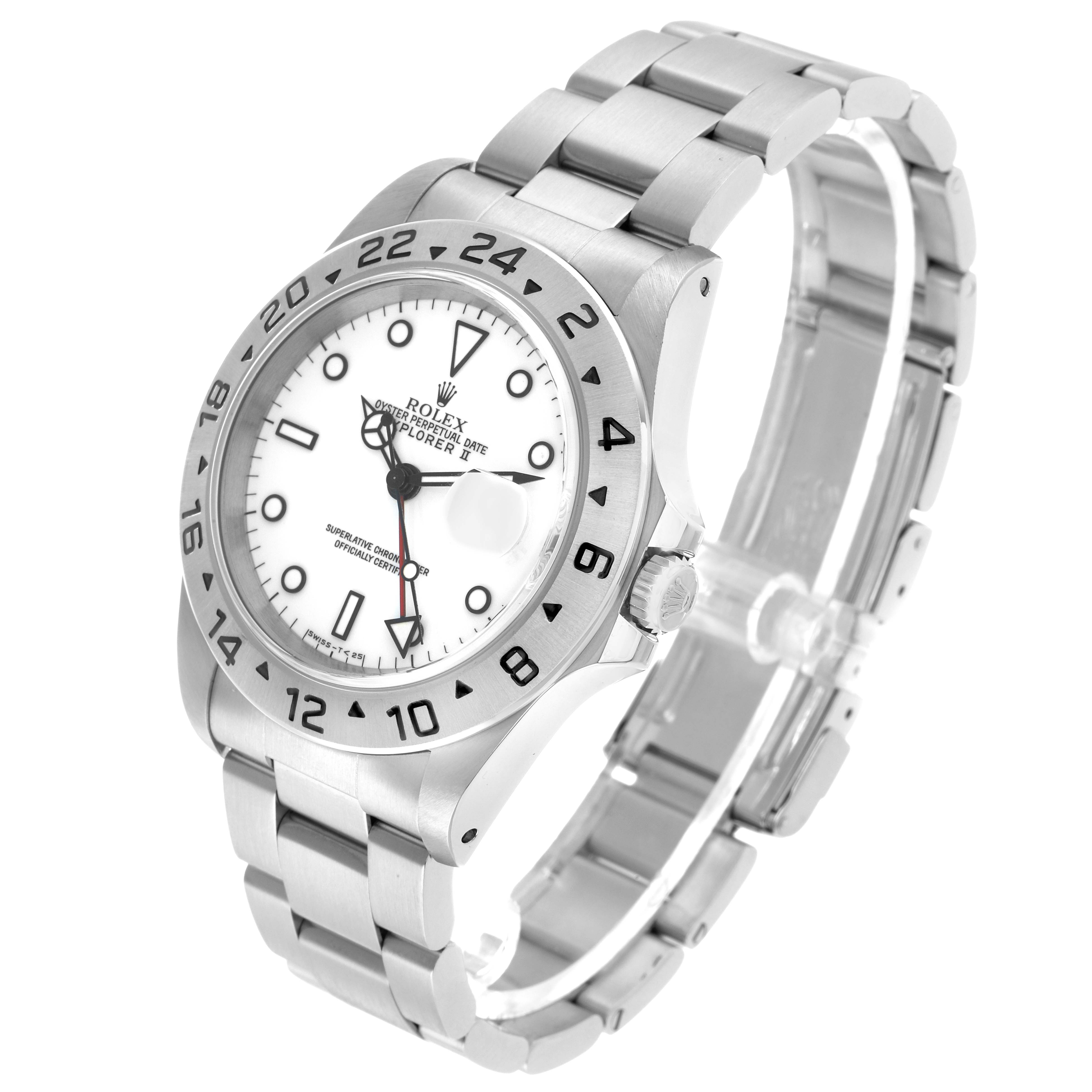 The Rolex Explorer 16570 Men's Stainless Steel White Dial II watch is shown at a three-quarter angle, displaying the case, bezel with 24-hour markers, bracelet, and crown.